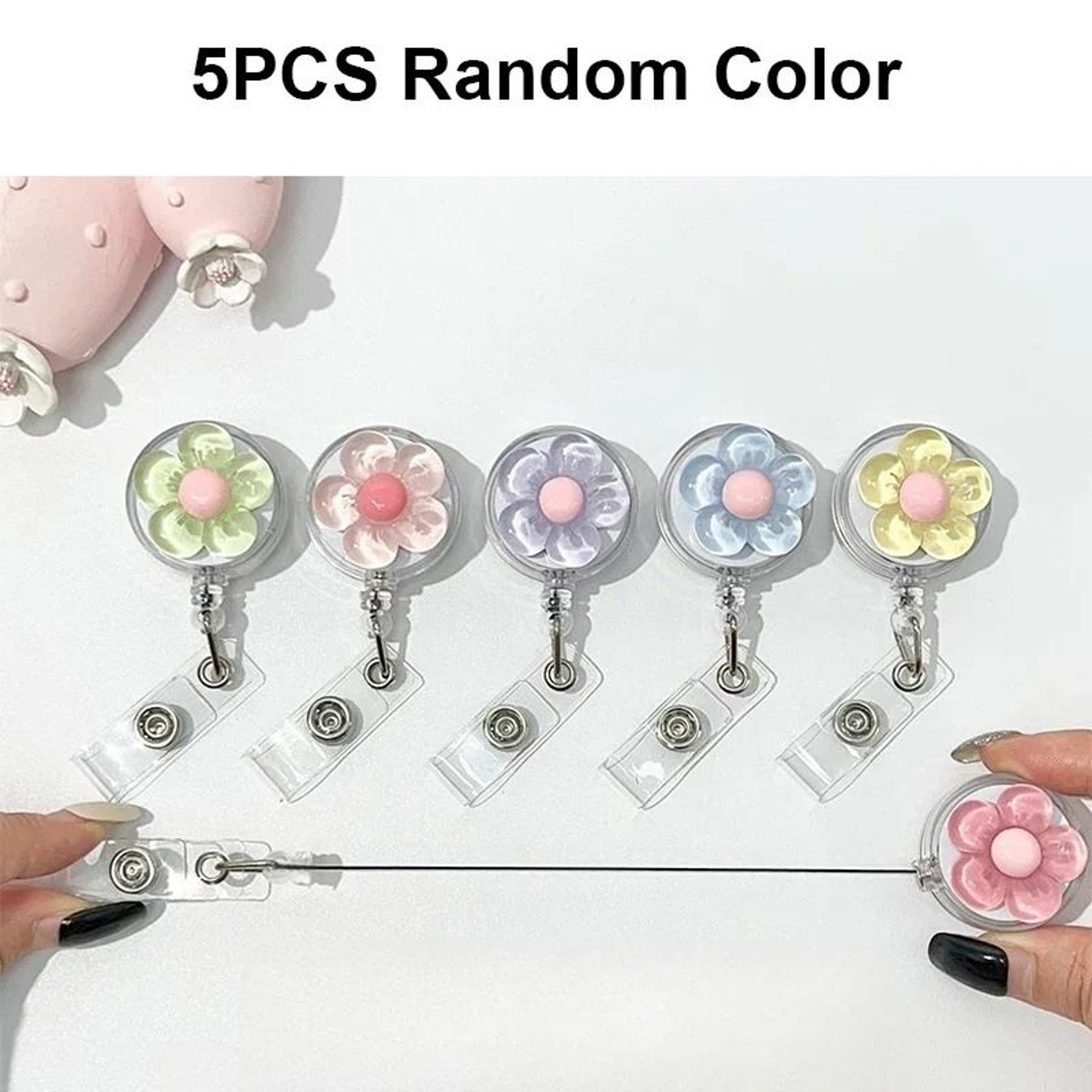 2 Or 5 Pack Retractable Flower Badge Reel With ID Card Holder Clip For Name Tags And Keys 7