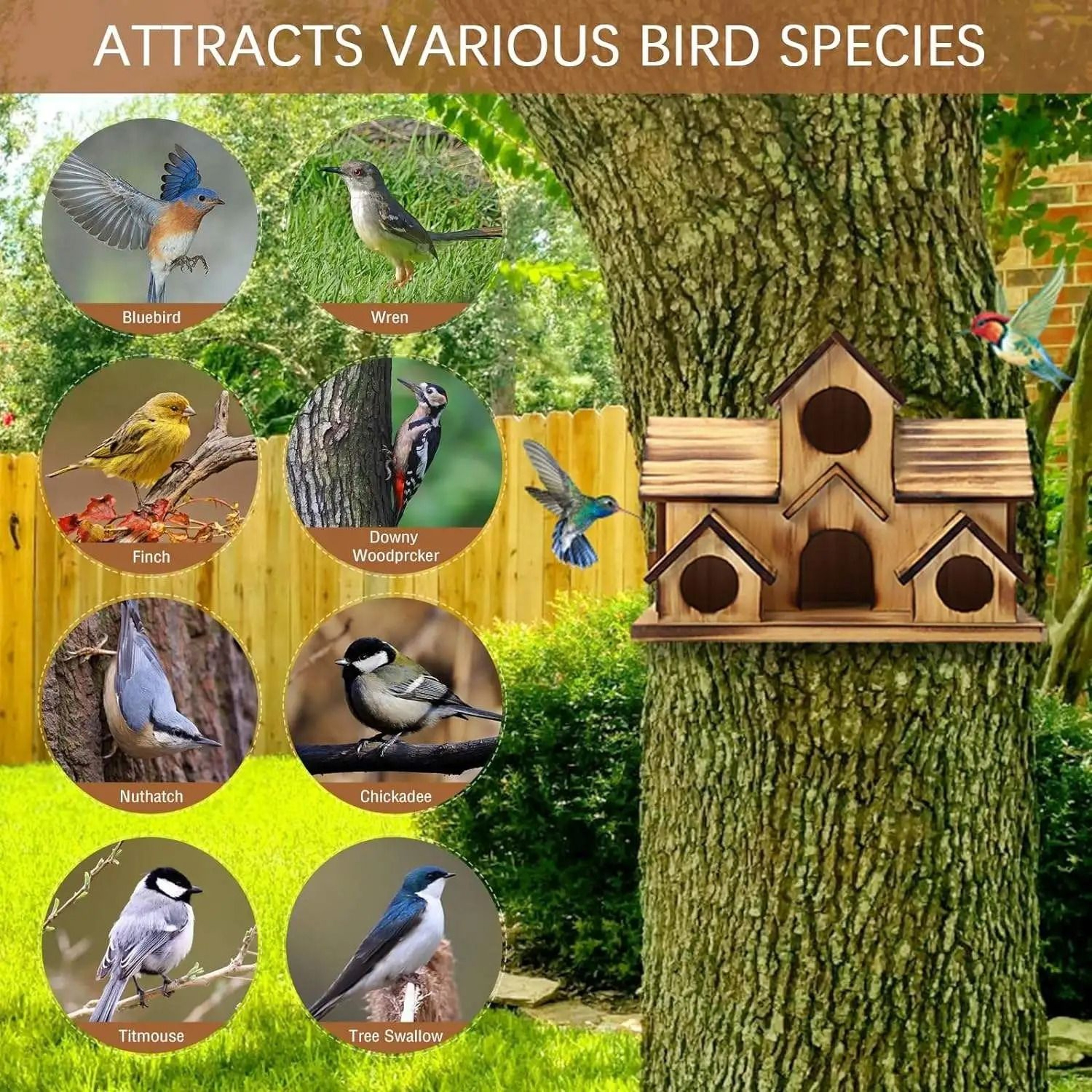 Handmade Rustic Wooden Bird House Hanging Nesting Shelter For Outdoor Garden Decor 3