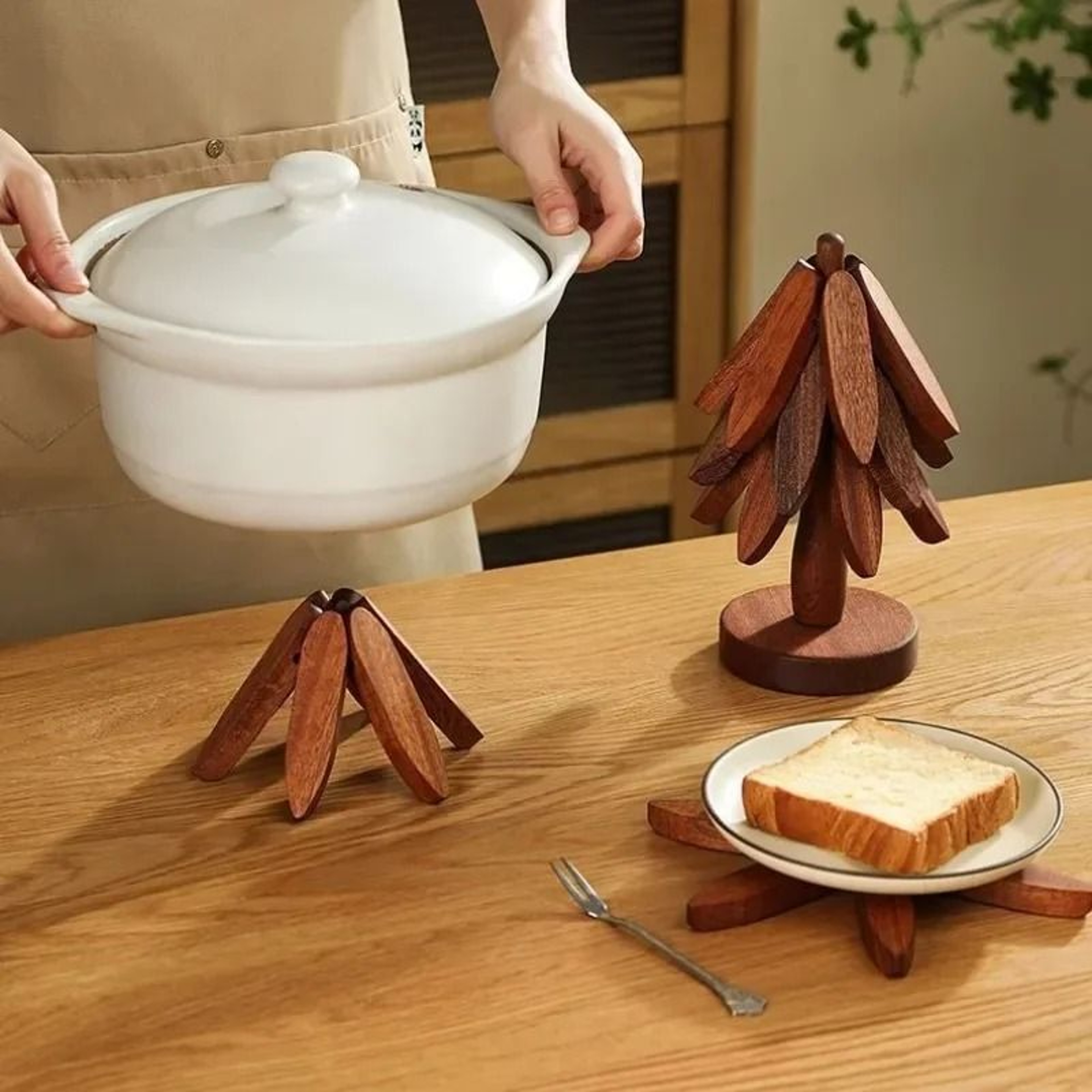 Natural Bamboo Tree Coaster Set Heat Resistant Trivets With Stand 1