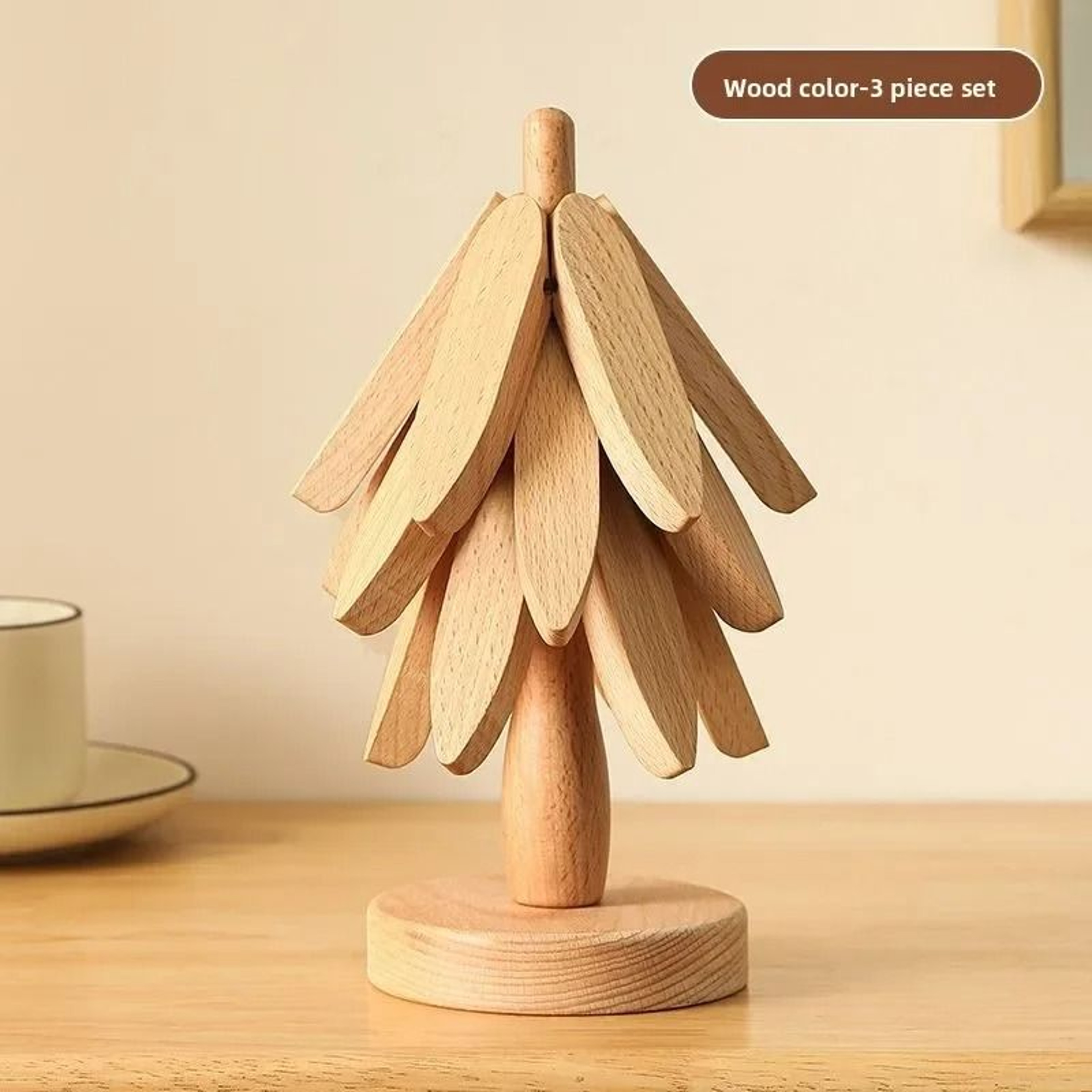 Natural Bamboo Tree Coaster Set Heat Resistant Trivets With Stand 7