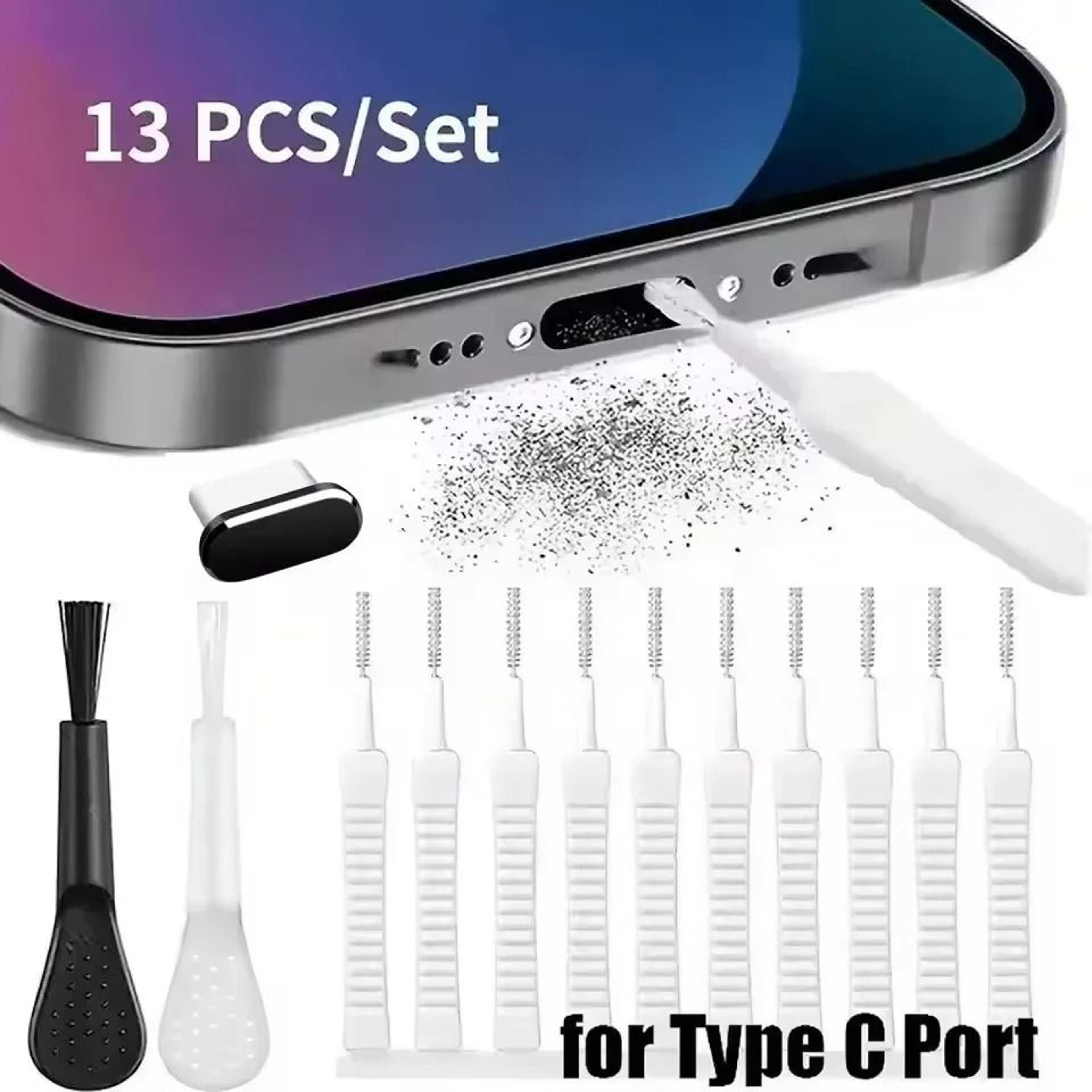 Phone Charging Port Dust Plug And Cleaning Brush Set 7