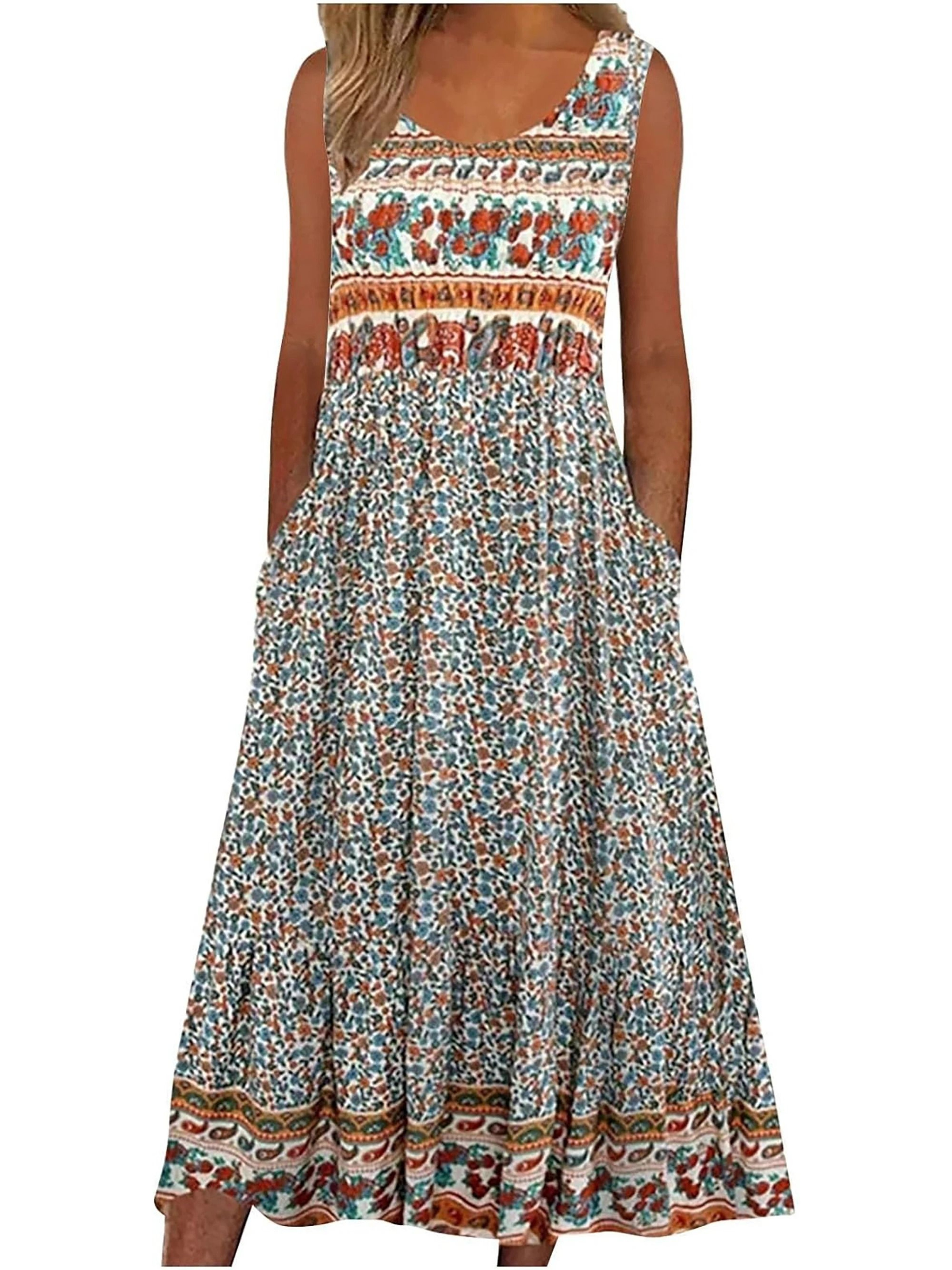 Womens Sleeveless Bohemian Floral Midi Sundress With Pockets 10