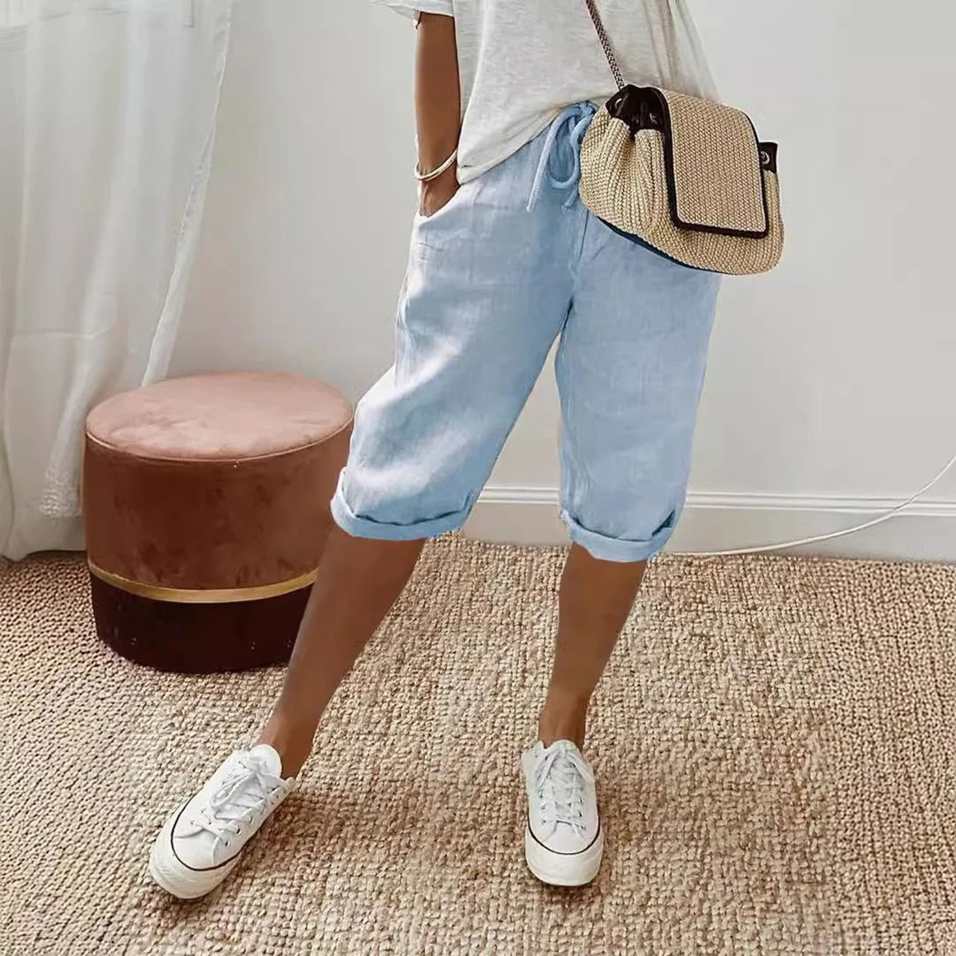 Womens Cotton Linen Elastic Waist Loose Casual Shorts 1