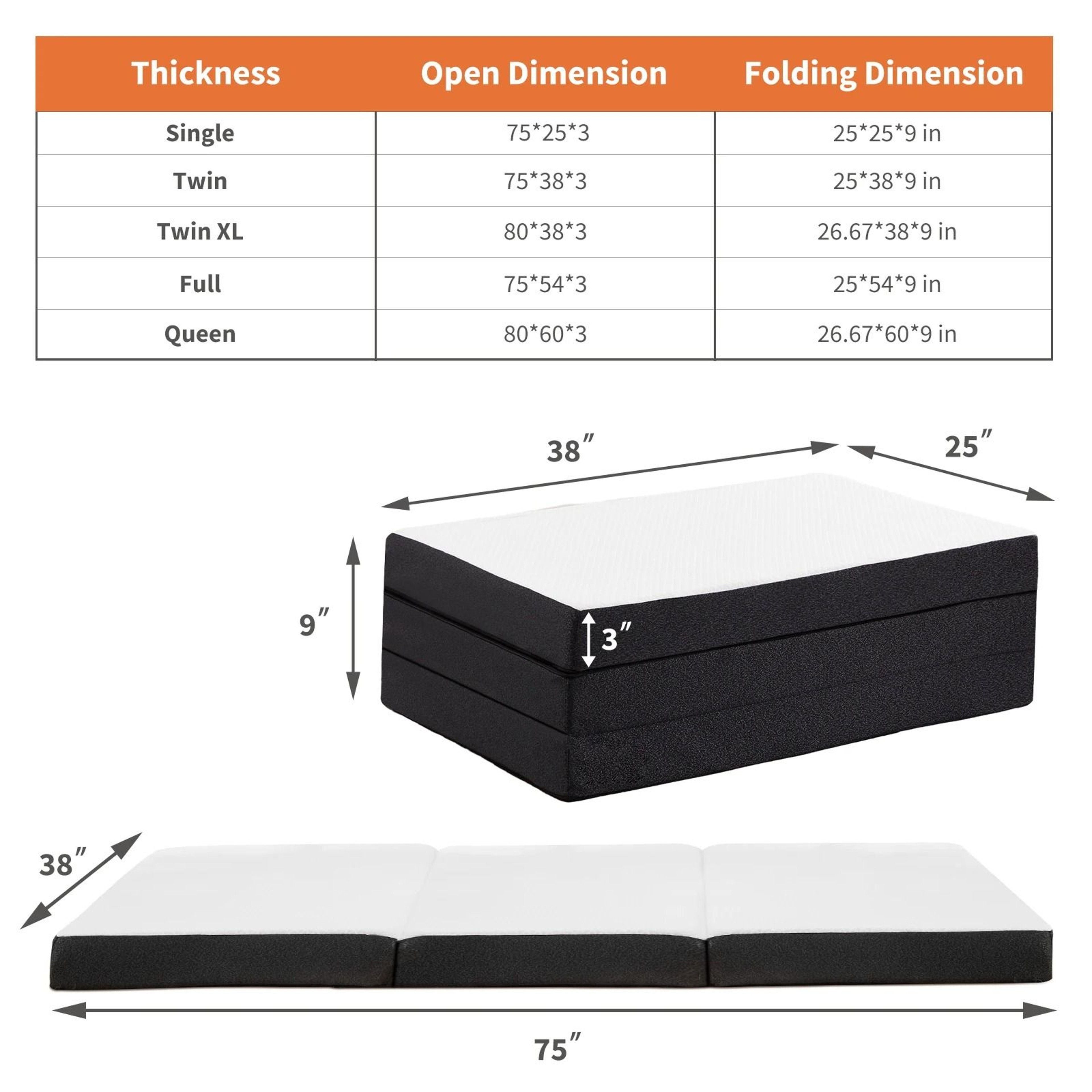 JHK Three Fold Portable Floor Bed Mattress Certified By CertiPUR US For Travel Camping Yoga 6