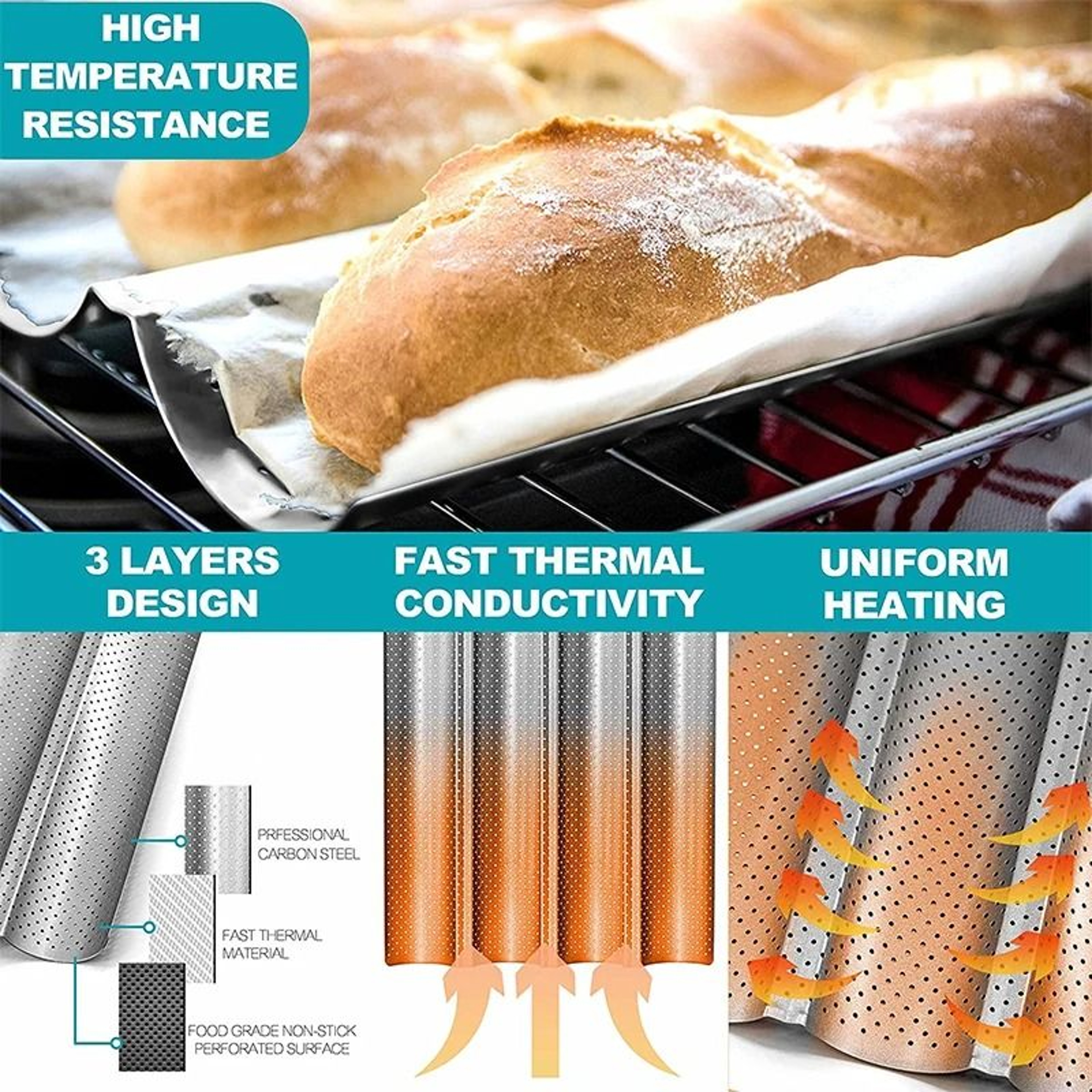 Nonstick Carbon Steel French Bread Baking Pan 4 Wave Baguette Tray 3
