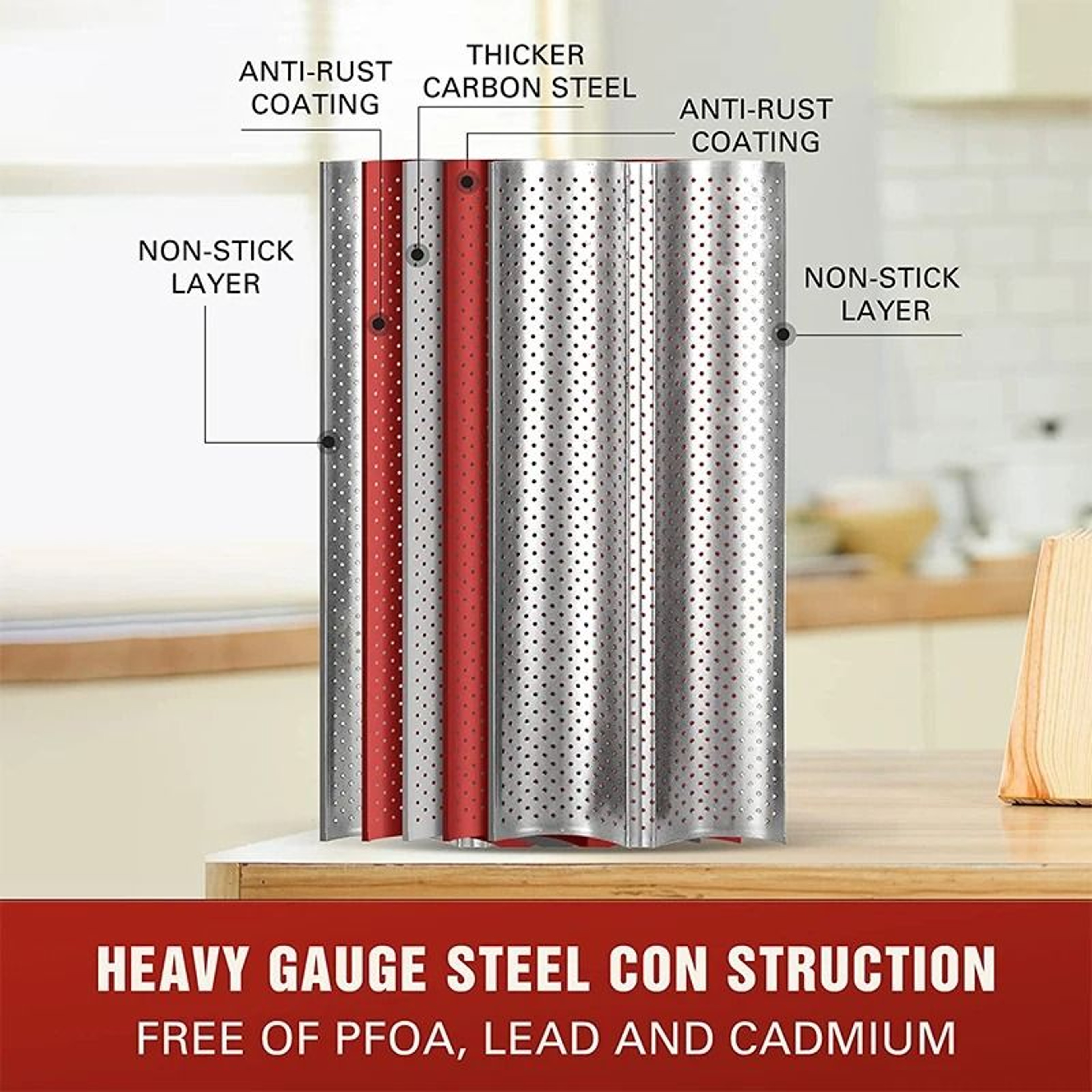 Nonstick Carbon Steel French Bread Baking Pan 4 Wave Baguette Tray 4