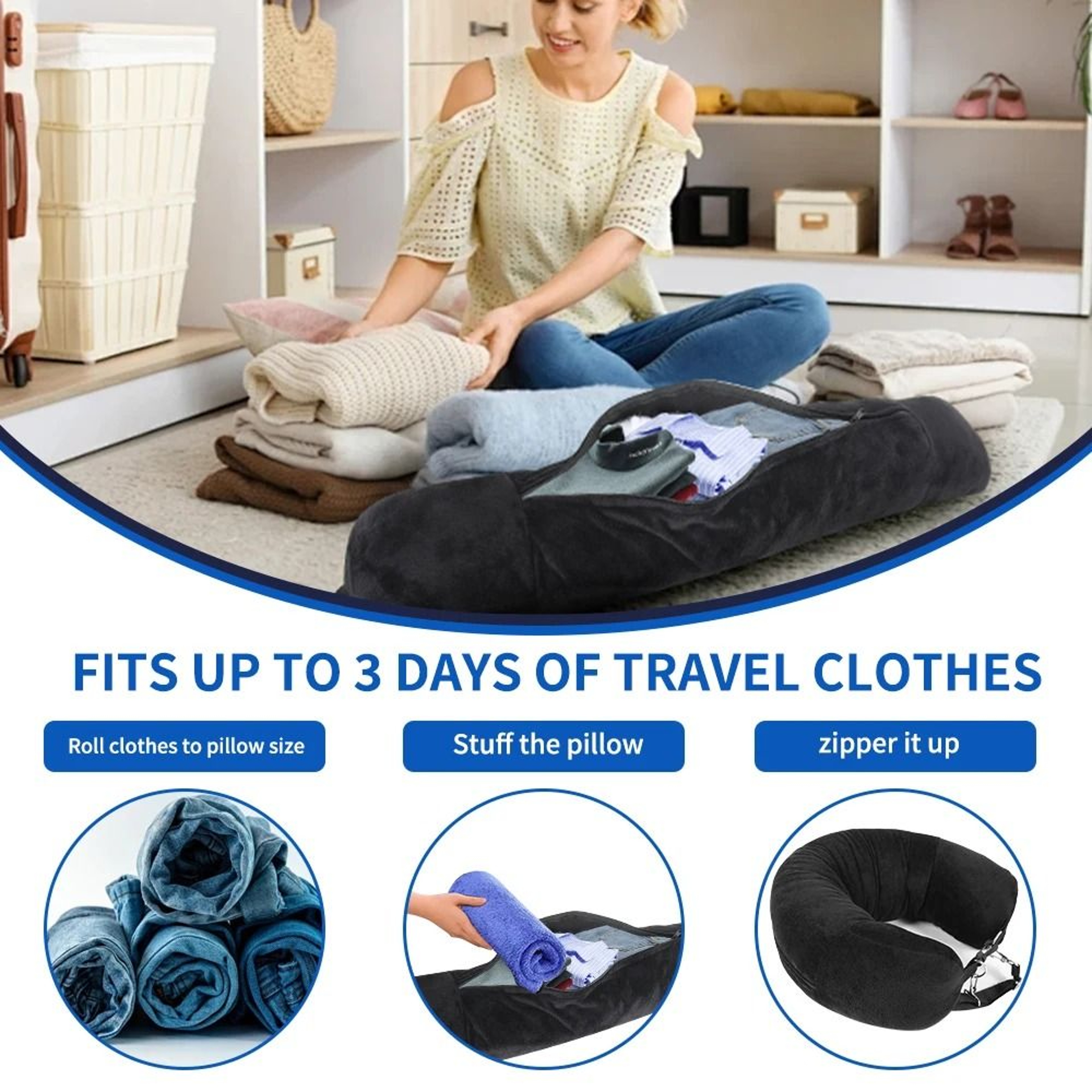 Travel Neck Pillow With Fillable Clothing Pillowcase And Velvet Cover 2