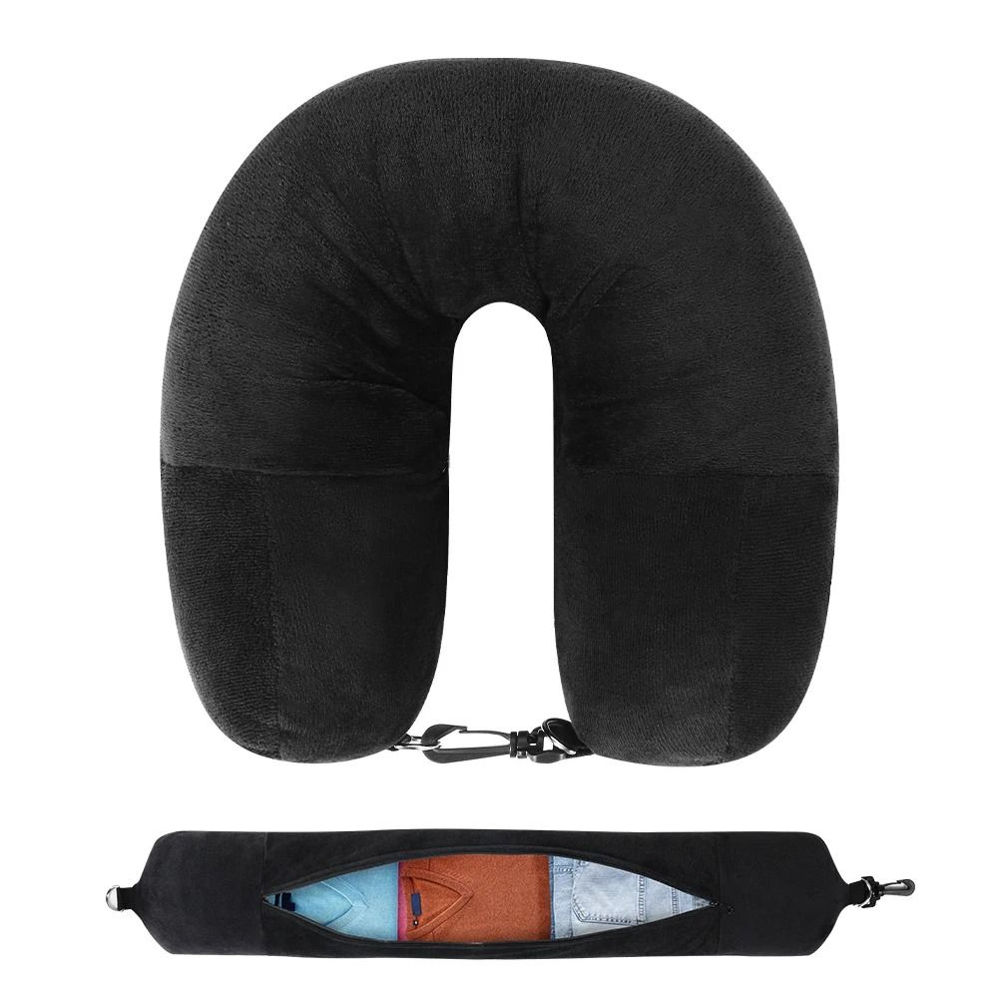 Travel Neck Pillow With Fillable Clothing Pillowcase And Velvet Cover 7
