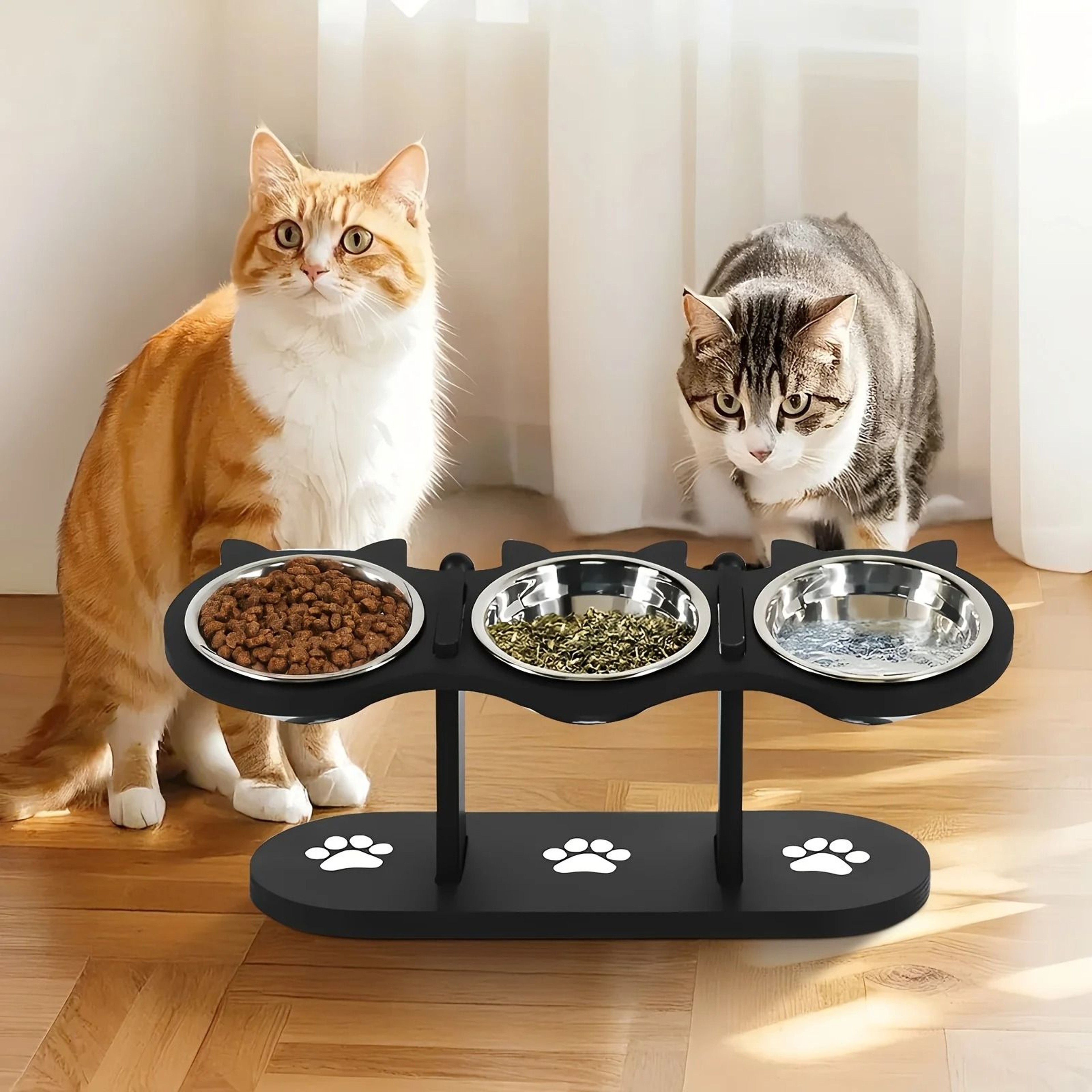 Elevated Tilted Cat Food Bowls With Wooden Stand And Stainless Steel Bowls 0