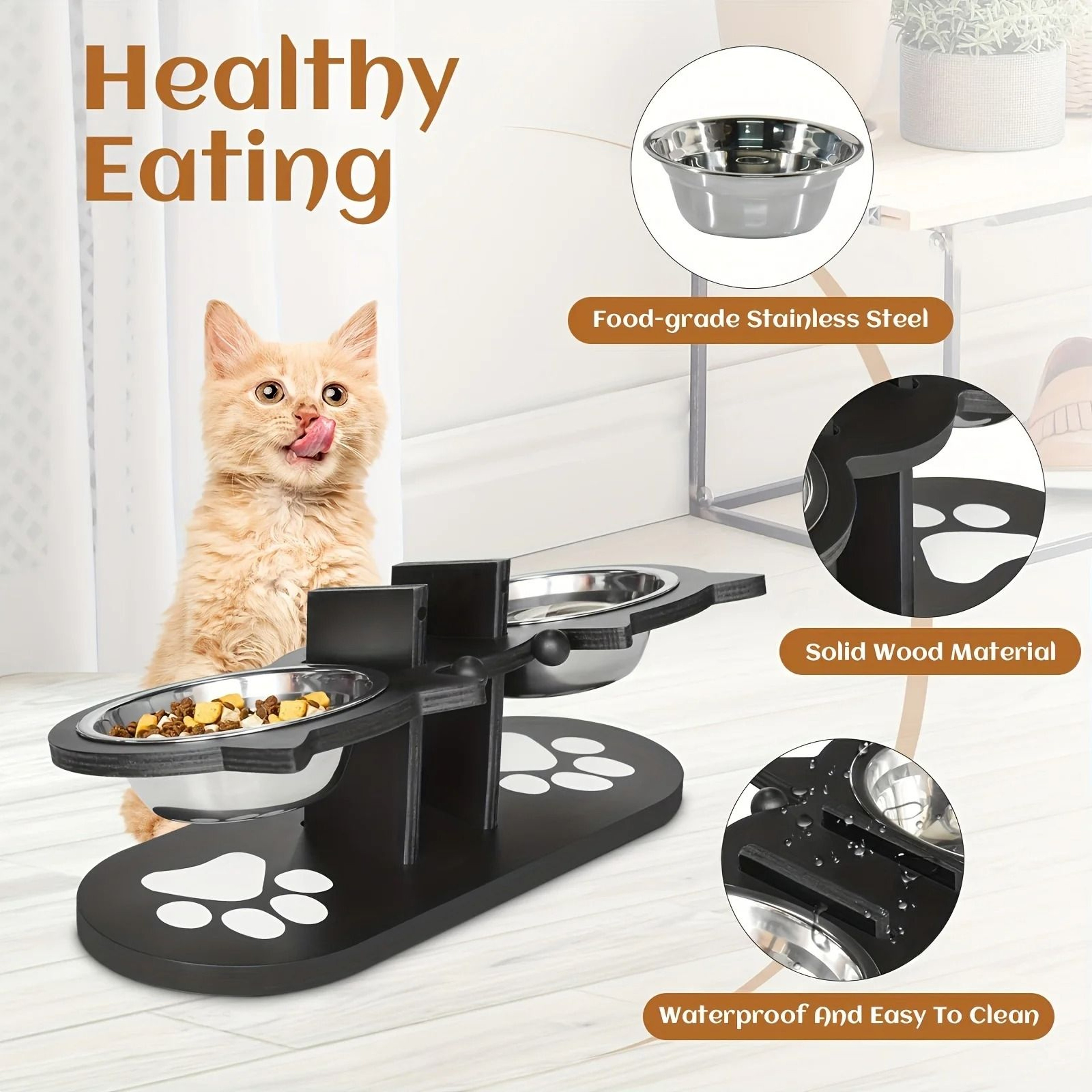 Elevated Tilted Cat Food Bowls With Wooden Stand And Stainless Steel Bowls 5