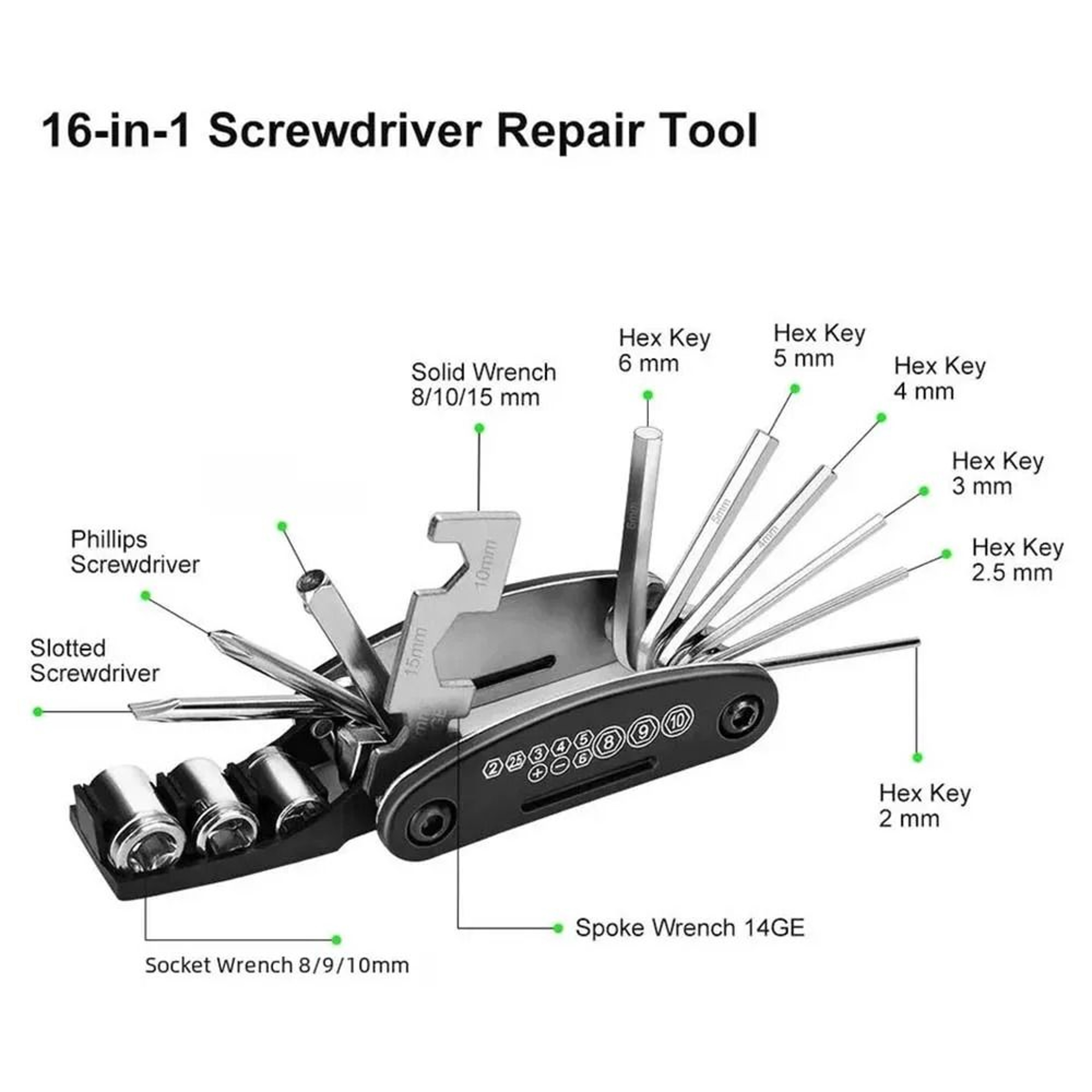 16 In 1 Bicycle Multi Tool Portable Wrench Screwdriver Repair Tool Set 2
