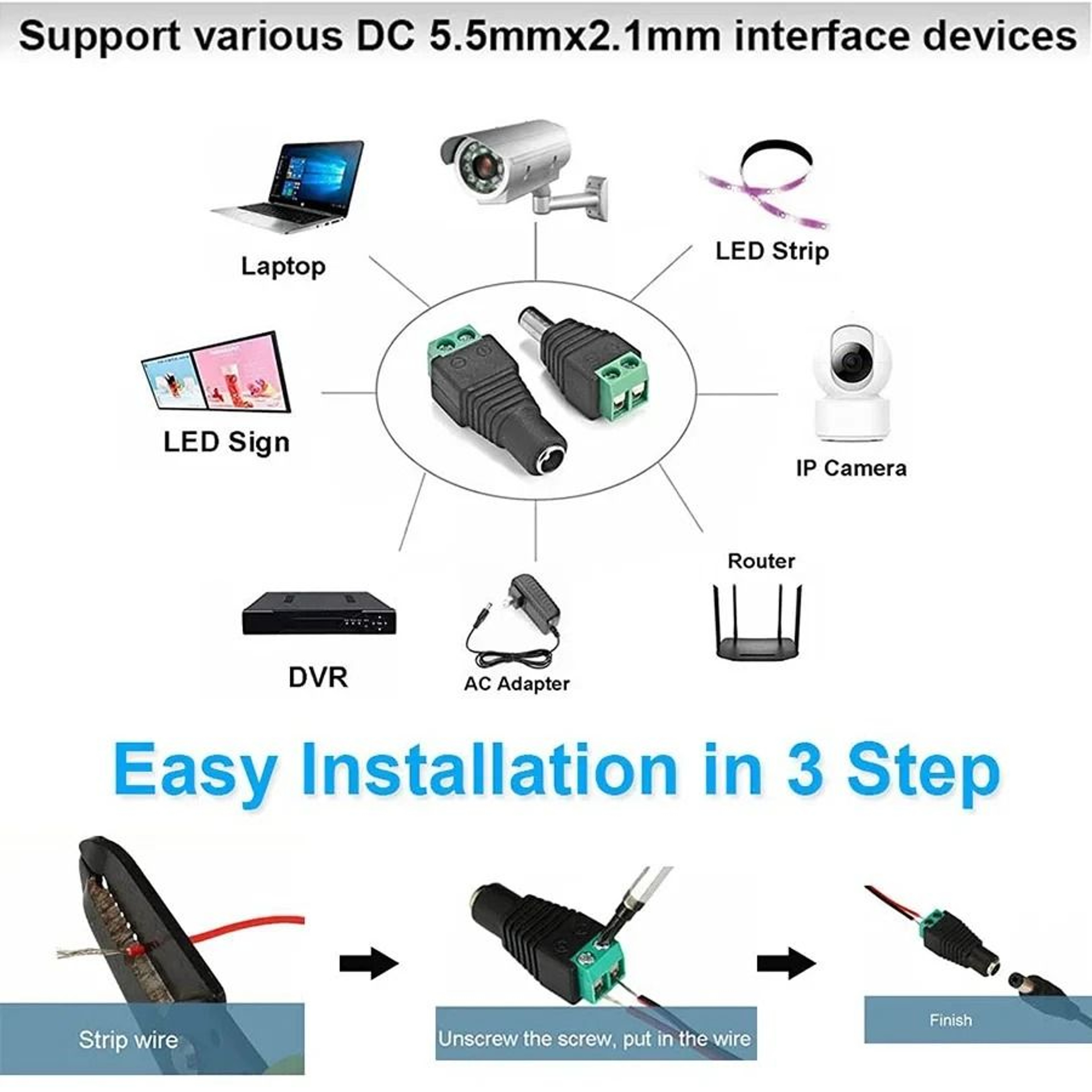 DC 12V Male And Female Power Plug Connector Set 55mm X 21mm 2