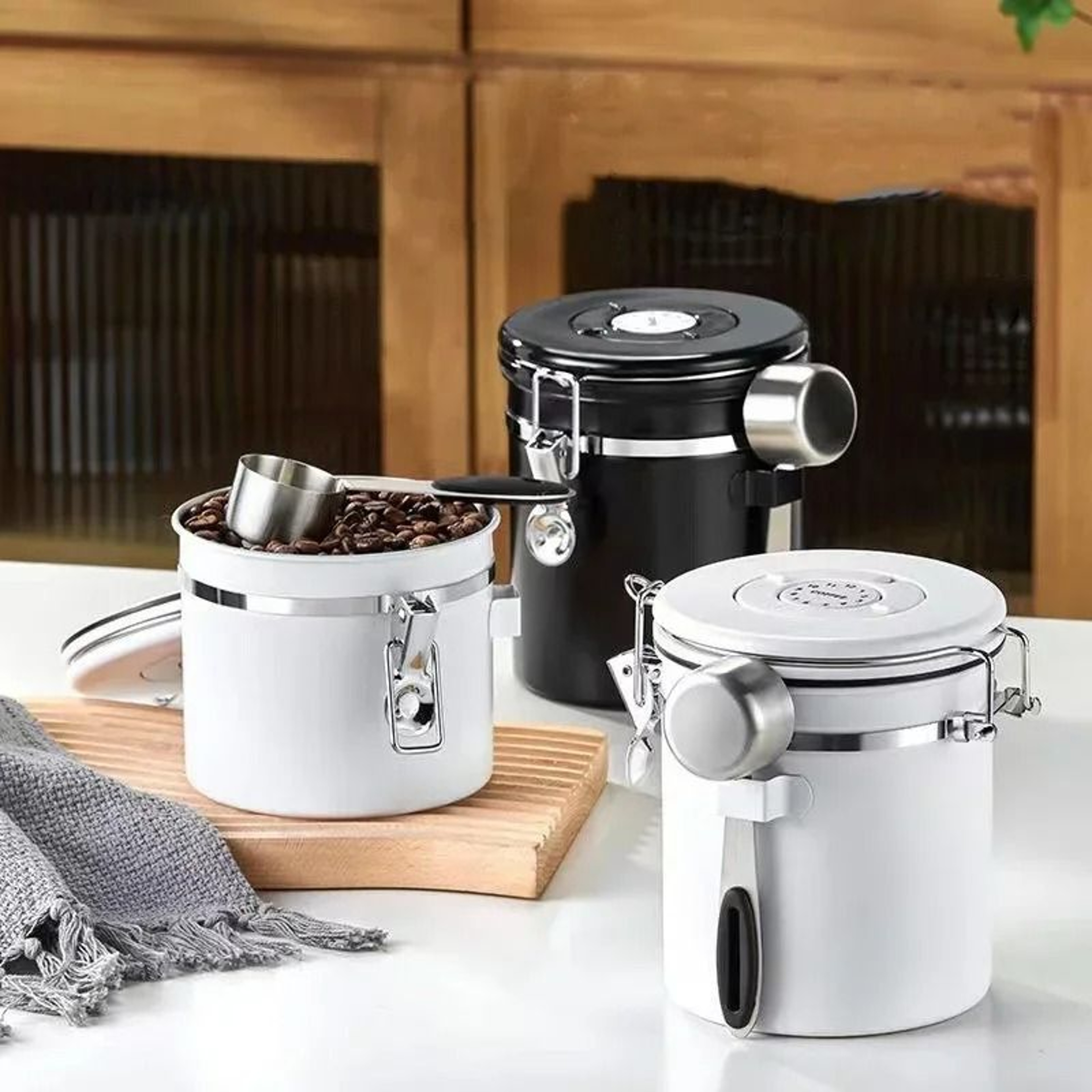 Stainless Steel Coffee Beans Vacuum Storage Jar  Large Capacity Airtight Container With Spoon 1