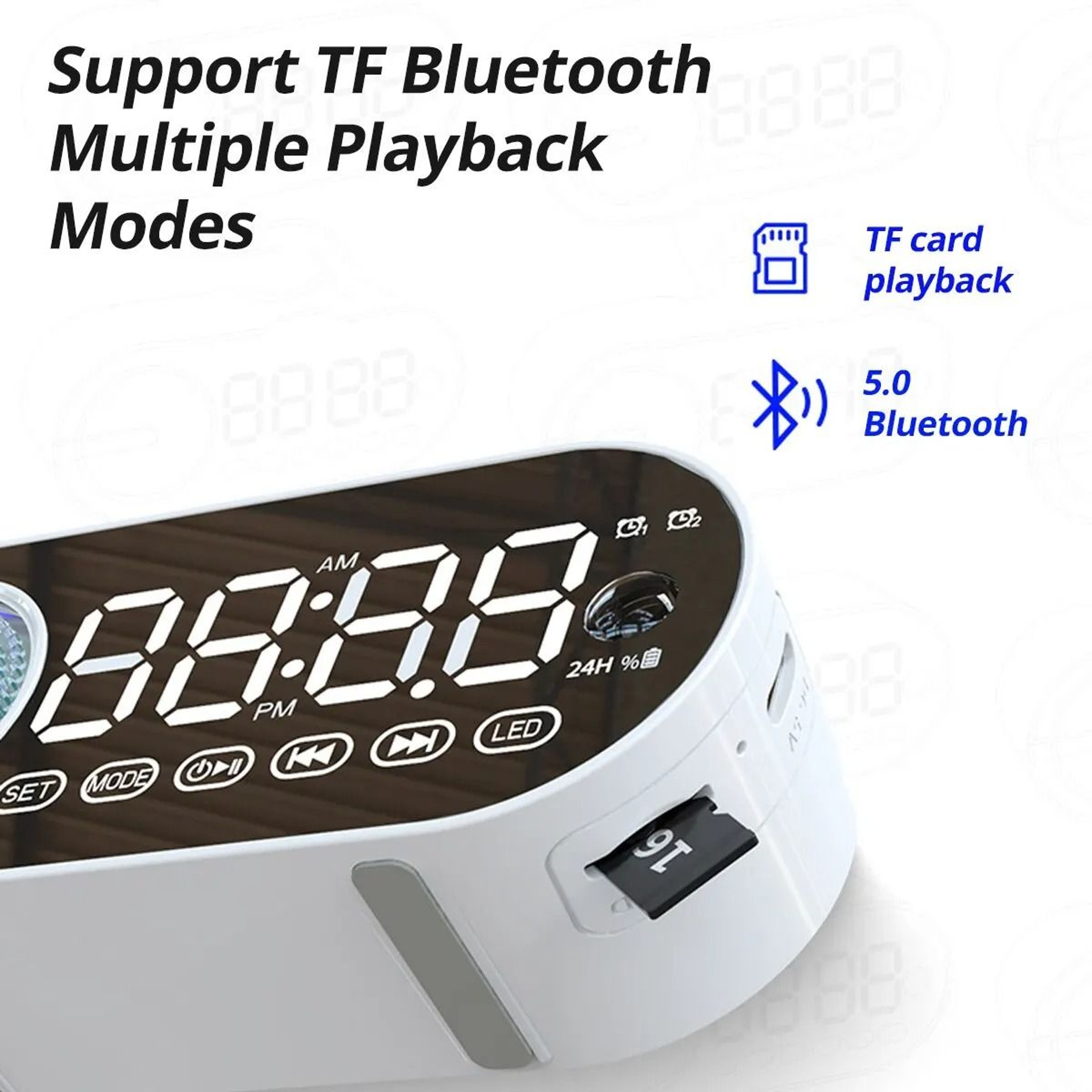 Quiet Wireless Bluetooth Speaker Alarm Clock With RGB TWS And LED Mirror Display For Bedroom And Of 4