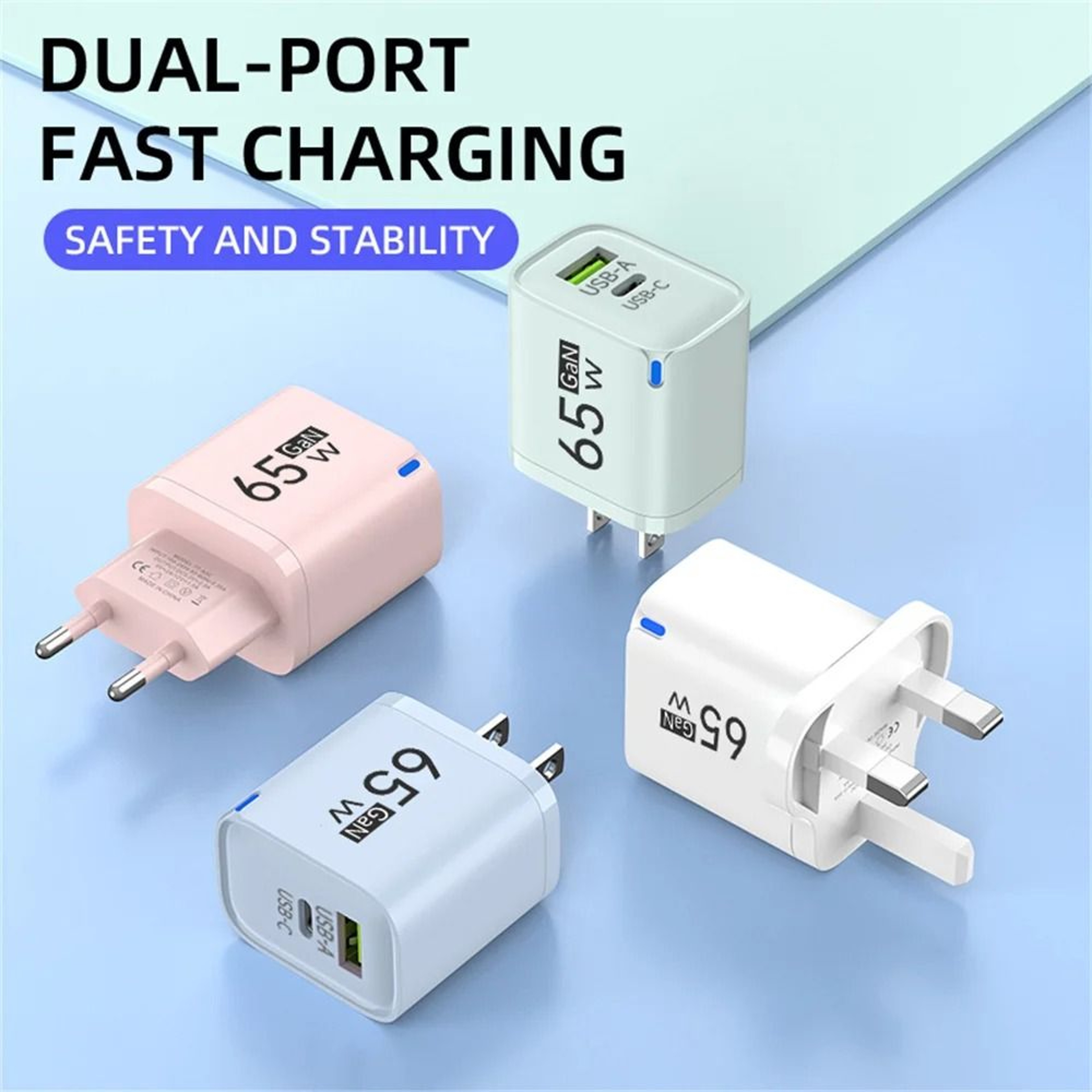 65W DualPort USBA  USBC Fast Charger  PD Quick Travel Adapter For IPhone Samsung  Xiaomi 3