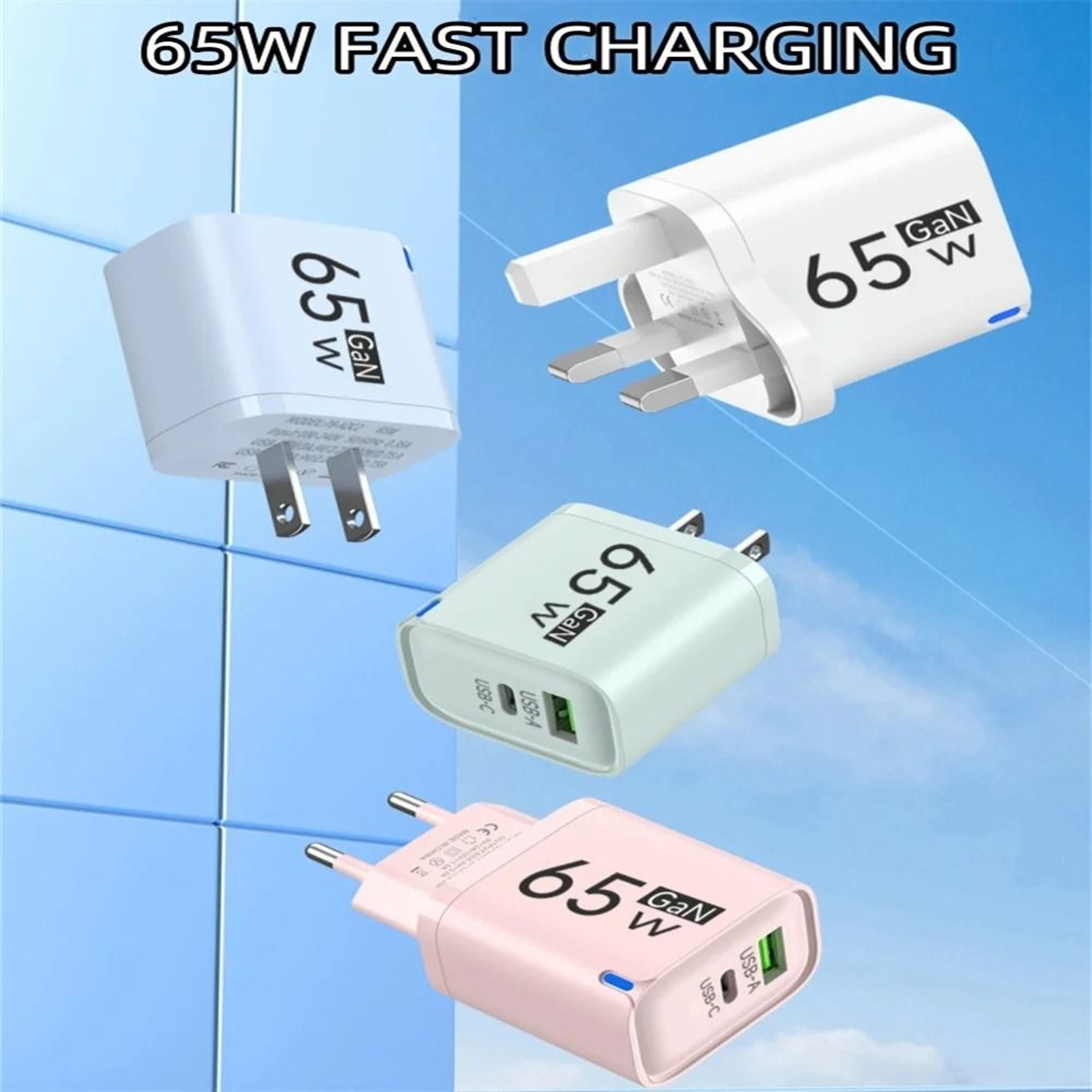65W DualPort USBA  USBC Fast Charger  PD Quick Travel Adapter For IPhone Samsung  Xiaomi 5