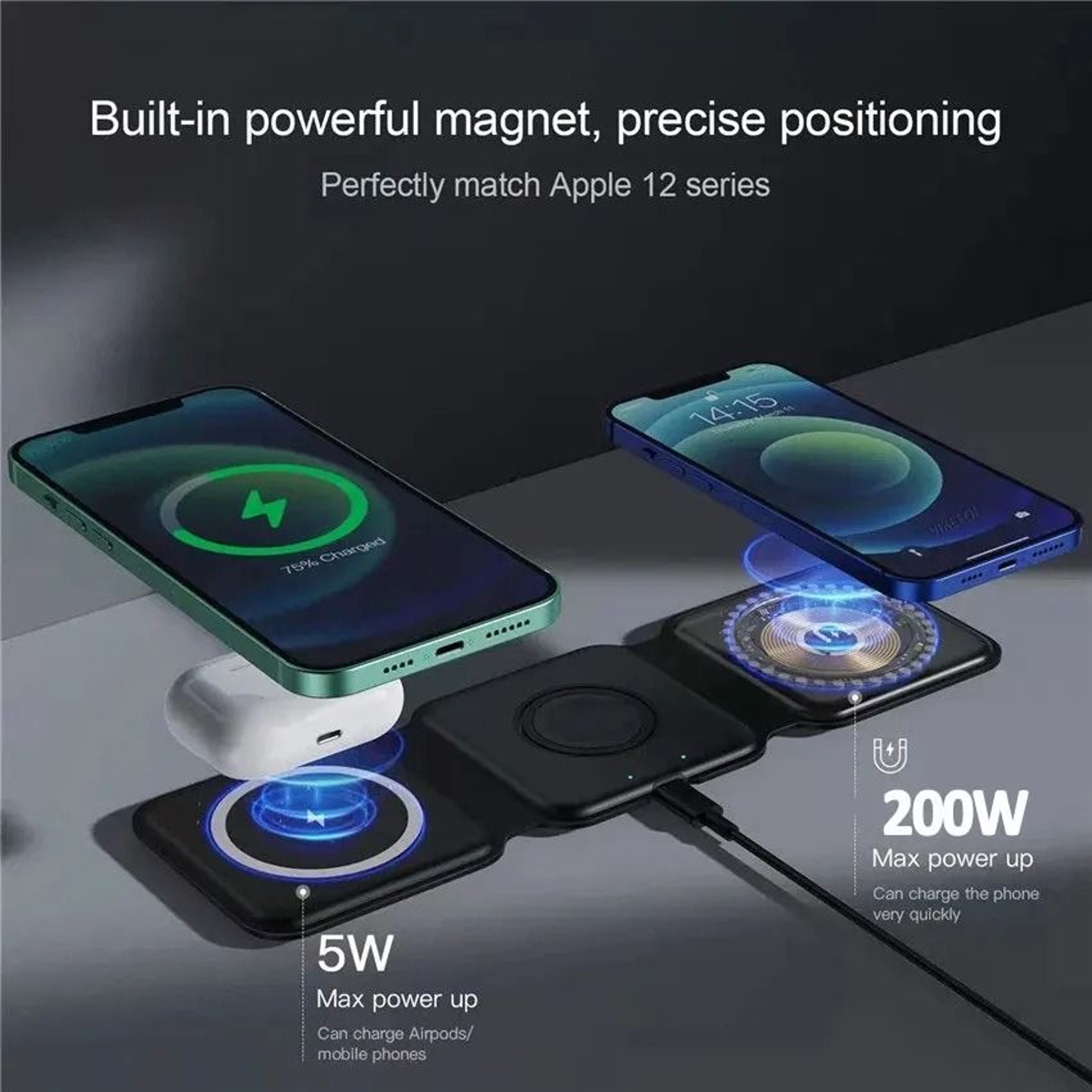 100W 3in1 Magnetic Portable Wireless Charger  HighSpeed Power Pad For IPhone 14 Apple Watch  AirPod 1