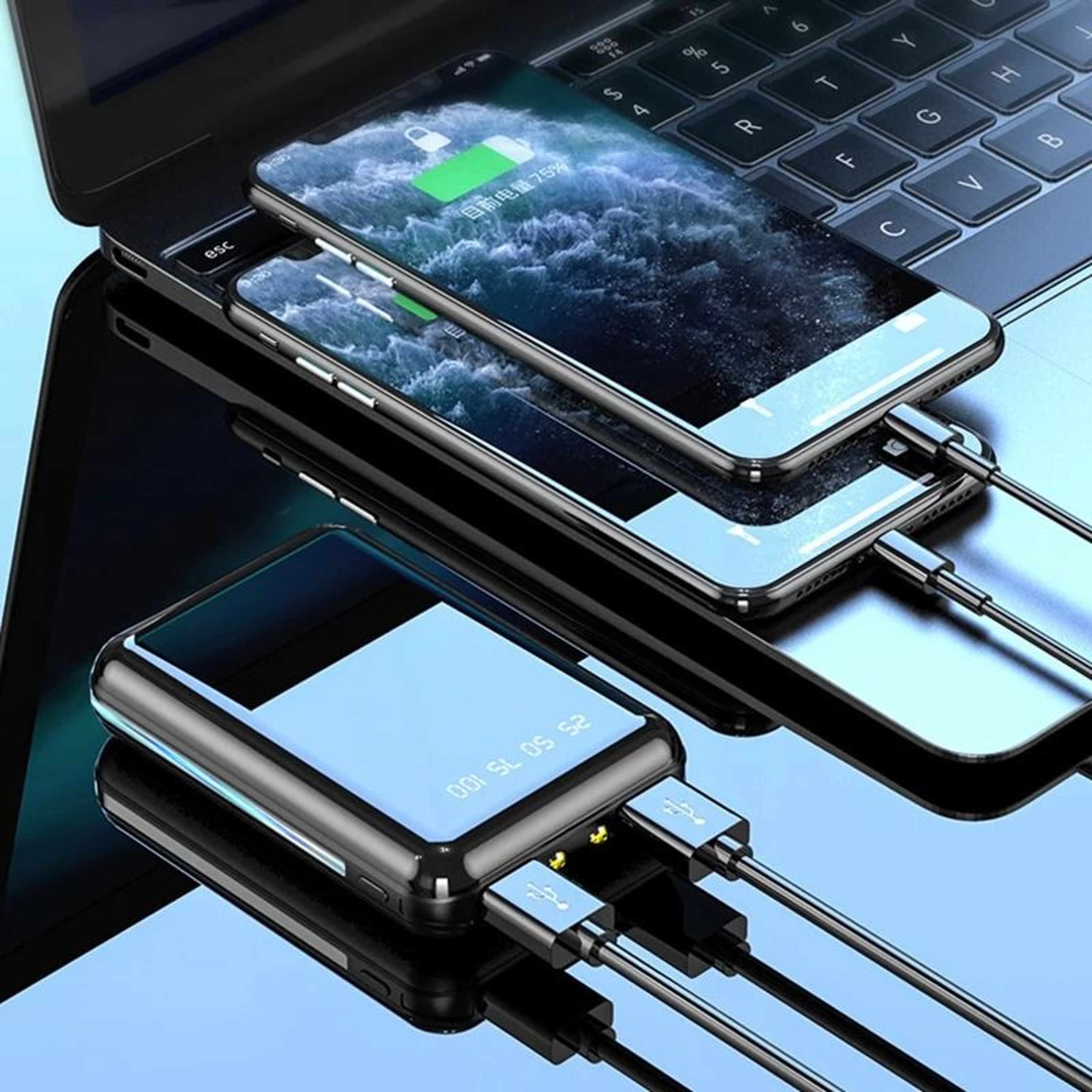 20000mAh Mini Power Bank  Portable Charger With Mirror Screen LED Display For IPhone Samsung  Xiaom 3