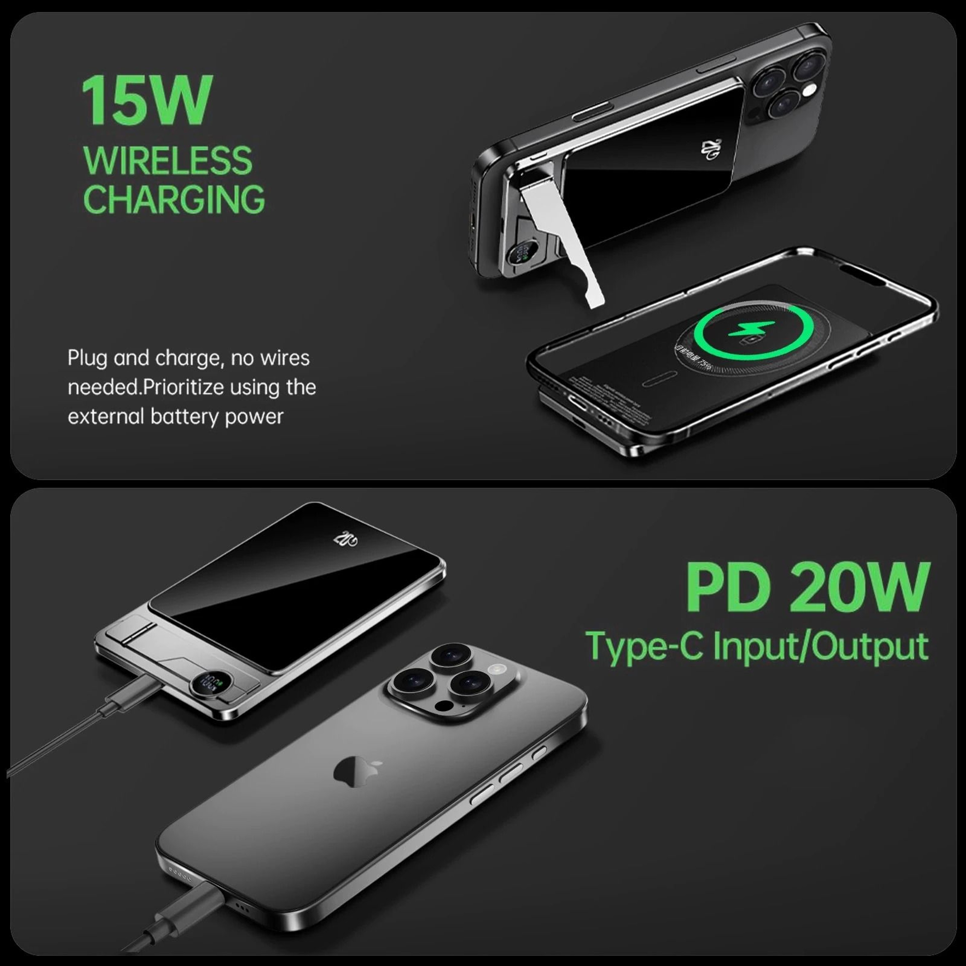 10000mAh UltraSlim Magnetic Power Bank  20W PD Wireless Fast Charger For IPhone Samsung  IWatch 2