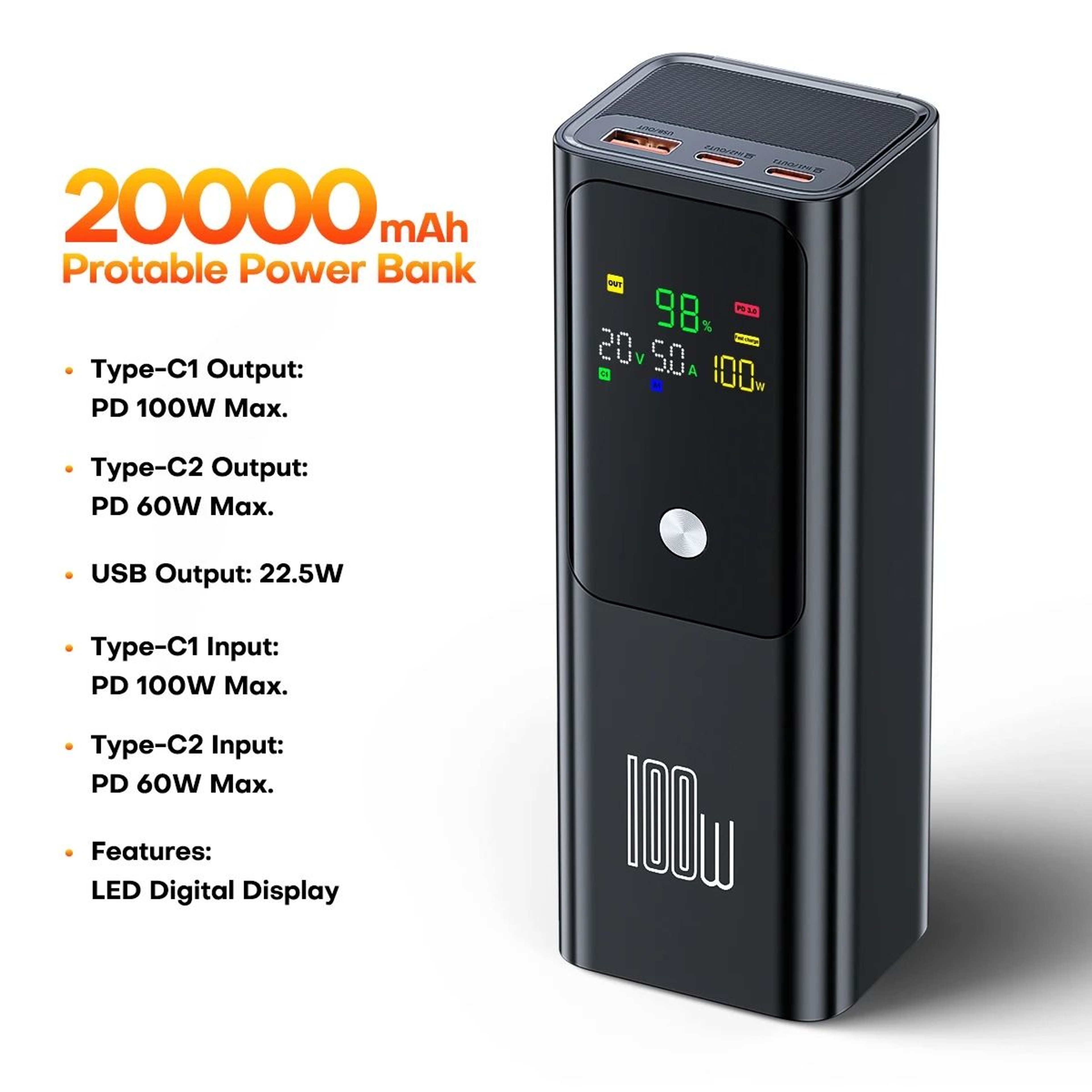 QOOVI PD 100W Power Bank  20000mAh HighCapacity Fast Charger For Laptops IPhone  Samsung 6