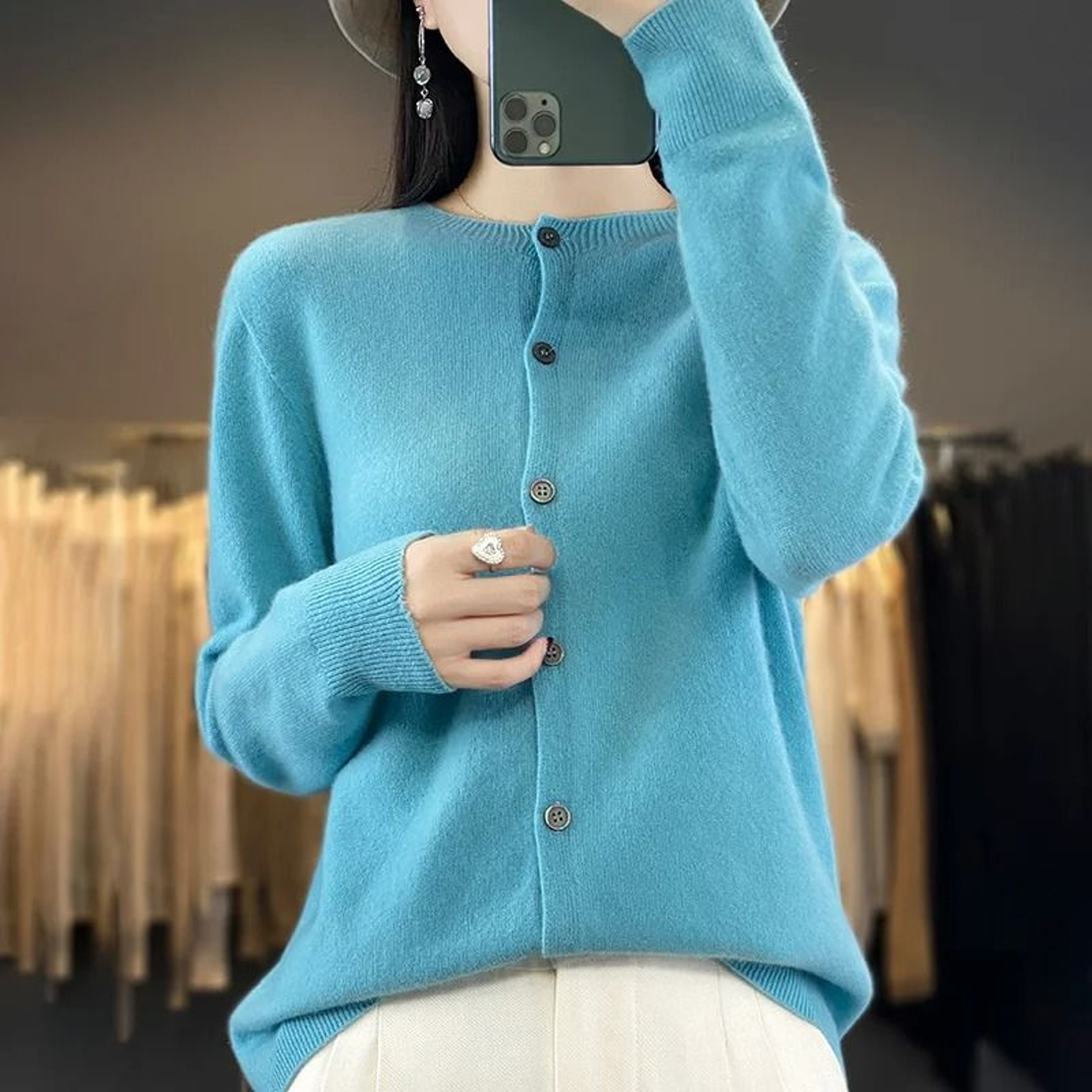 Womens 100 Merino Wool ONeck Cardigan  Premium Buttoned Knitwear For Autumn  Winter 7