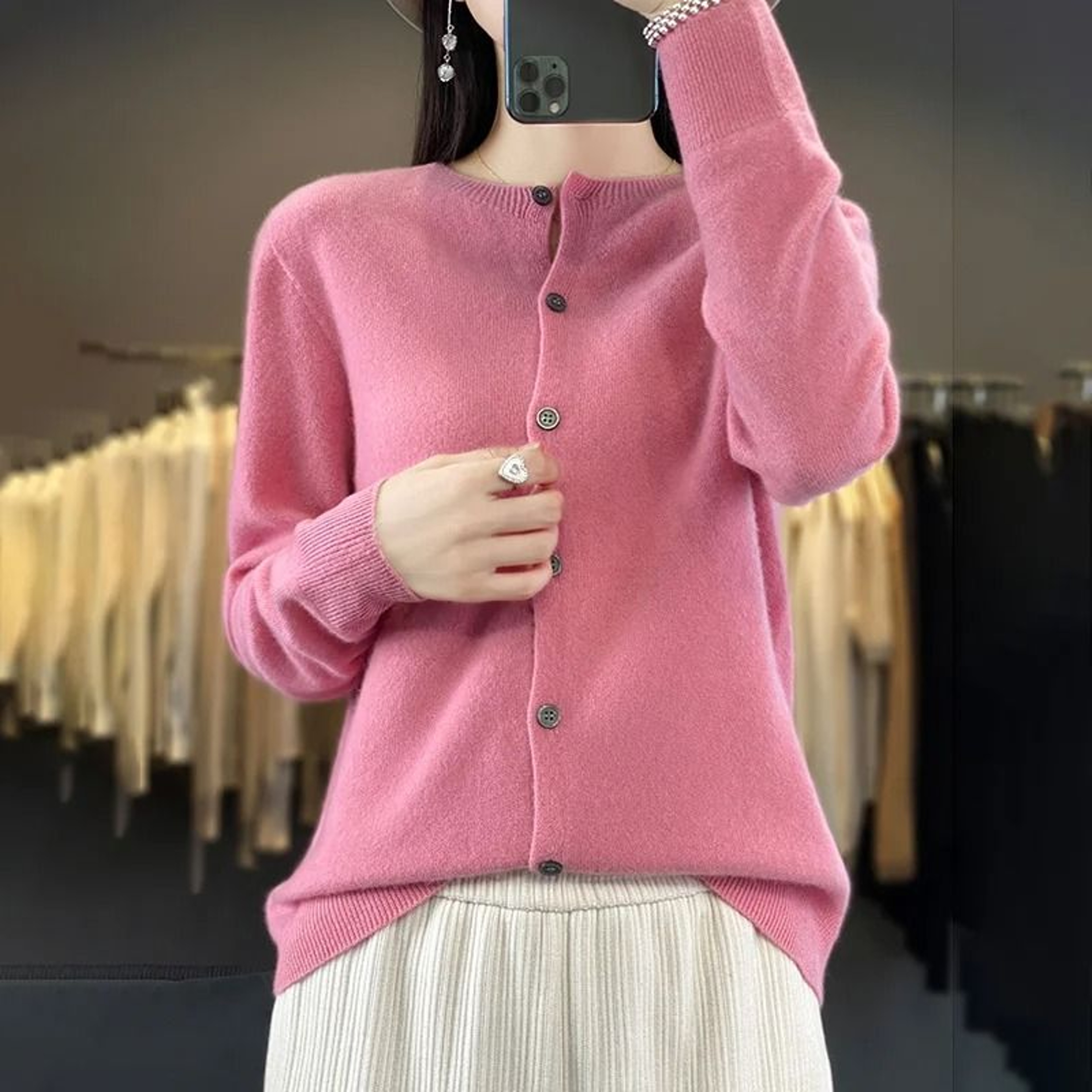 Womens 100 Merino Wool ONeck Cardigan  Premium Buttoned Knitwear For Autumn  Winter 11