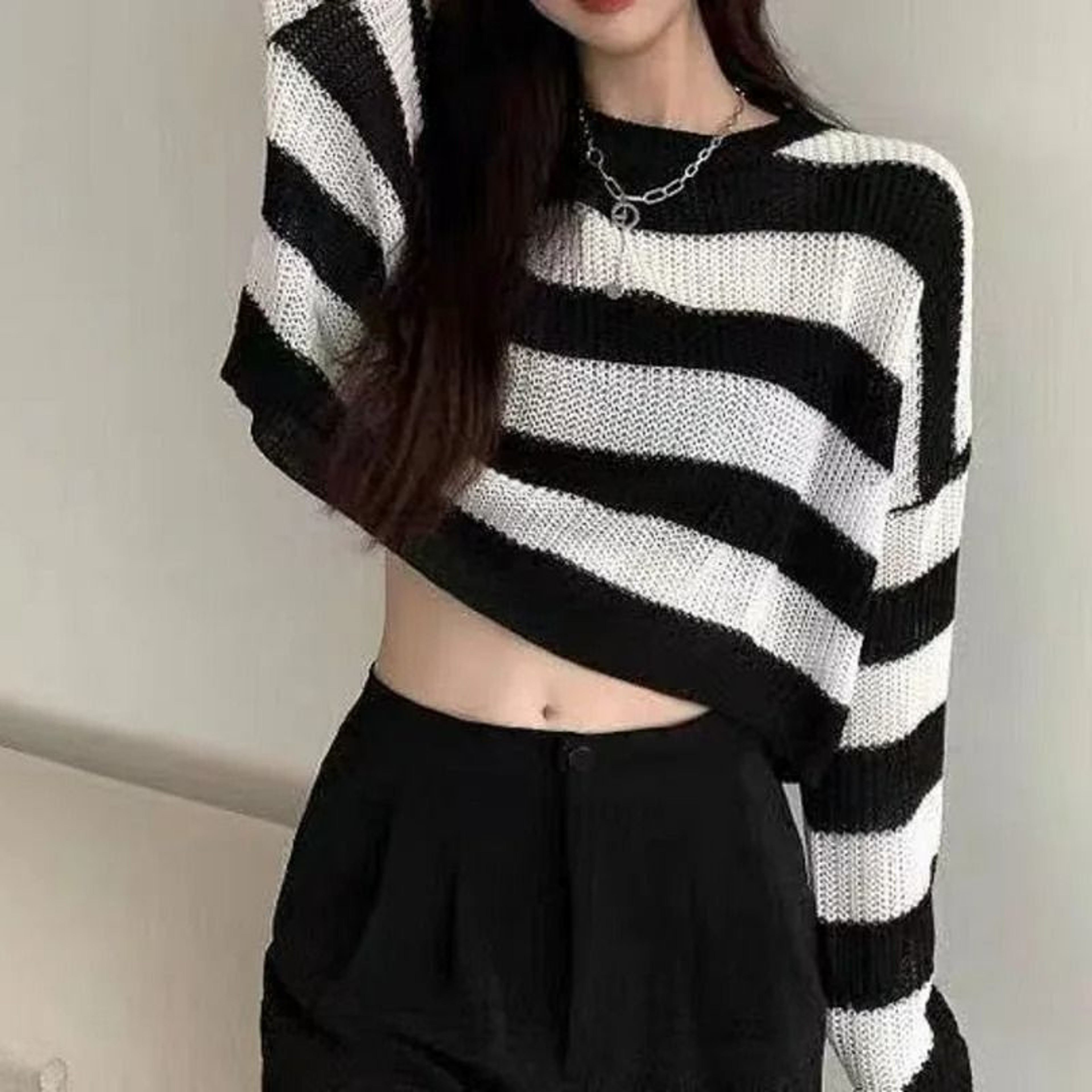 Korean Style Striped Cropped Sweater  Vintage Oversized Knit Jumper For Autumn  Winter 5
