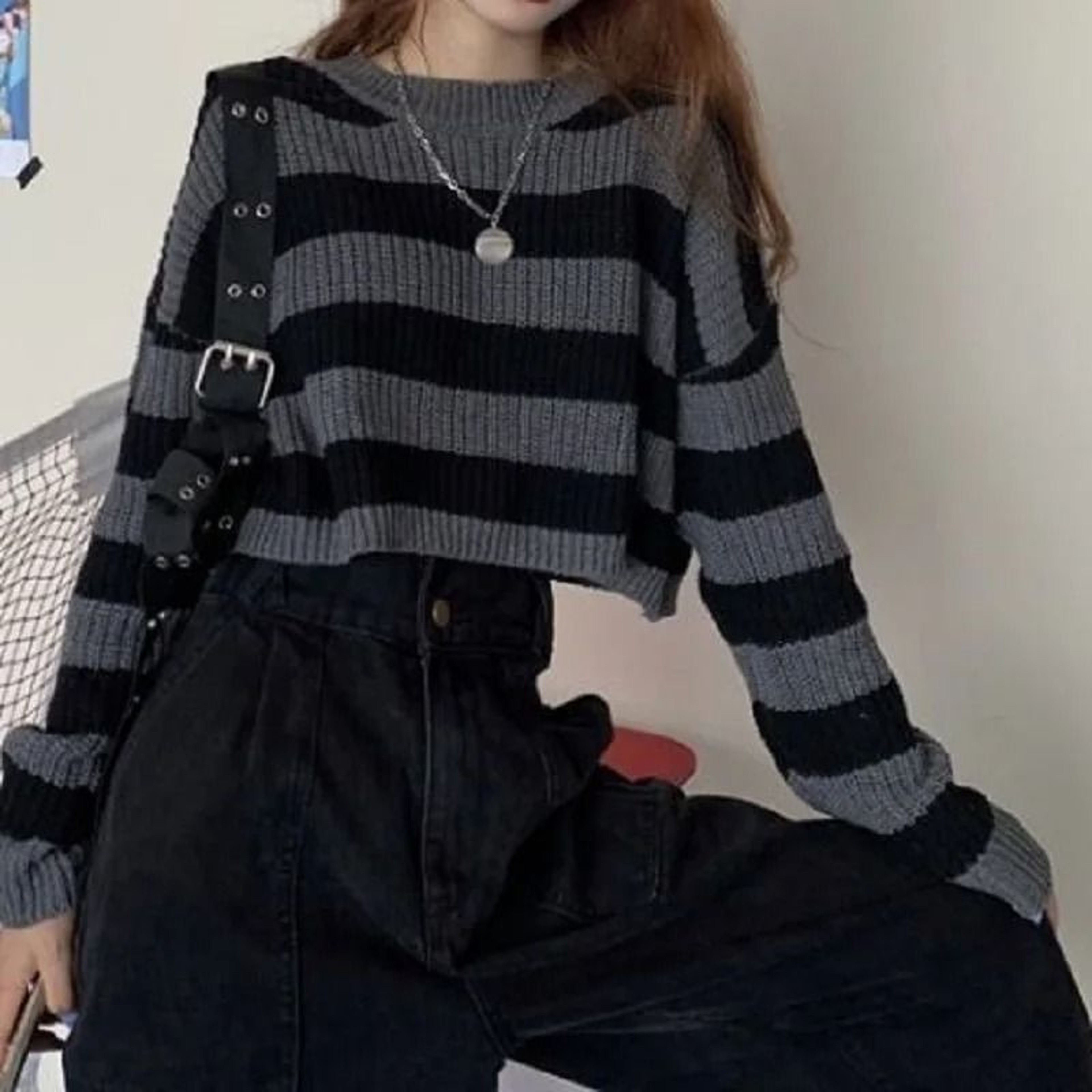 Korean Style Striped Cropped Sweater  Vintage Oversized Knit Jumper For Autumn  Winter 6