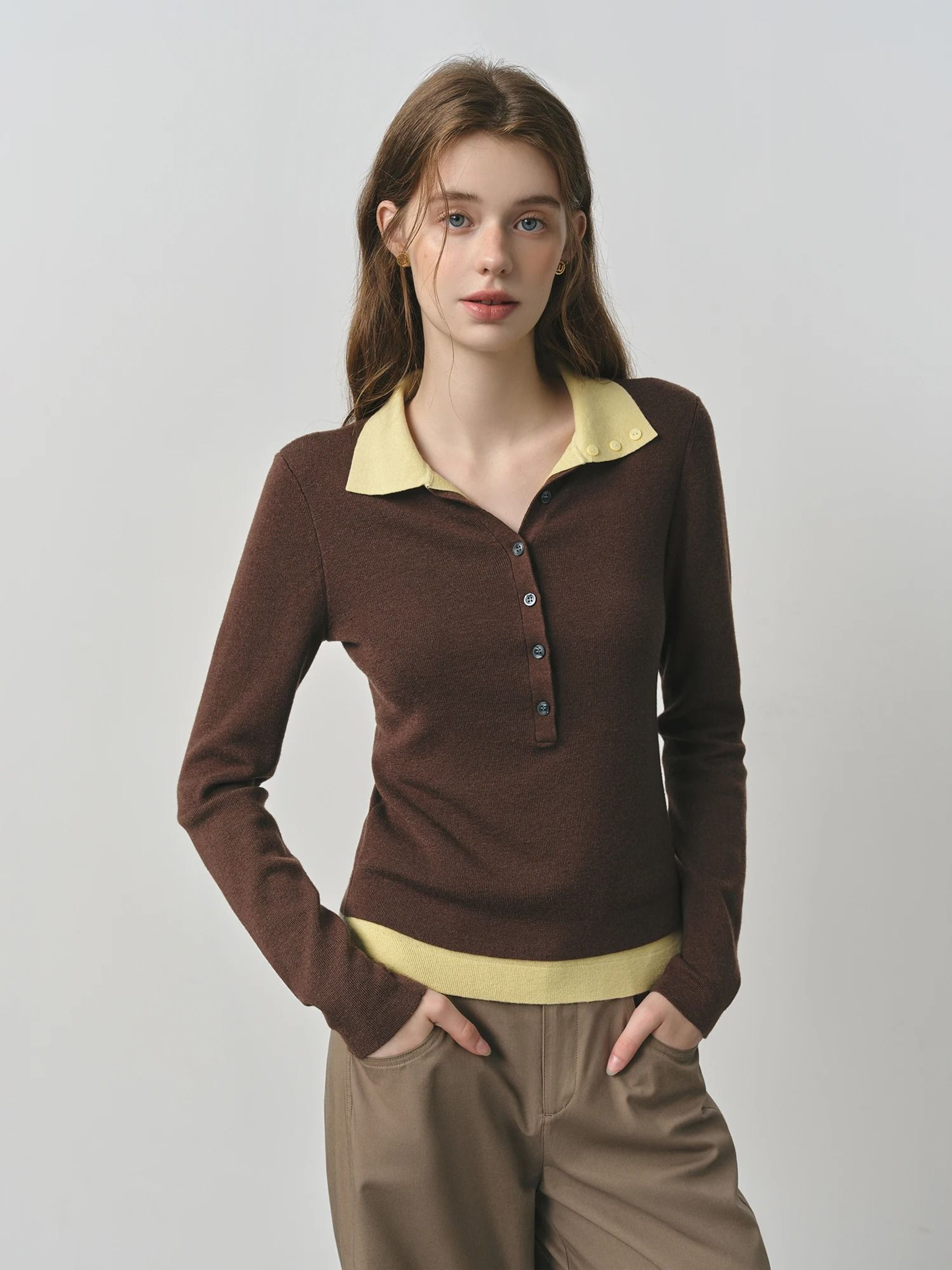 FSLE 2025 Autumn Color Block Knitted Sweater  Vintage Fake TwoPiece Turn Collar Cable Knit Top 5