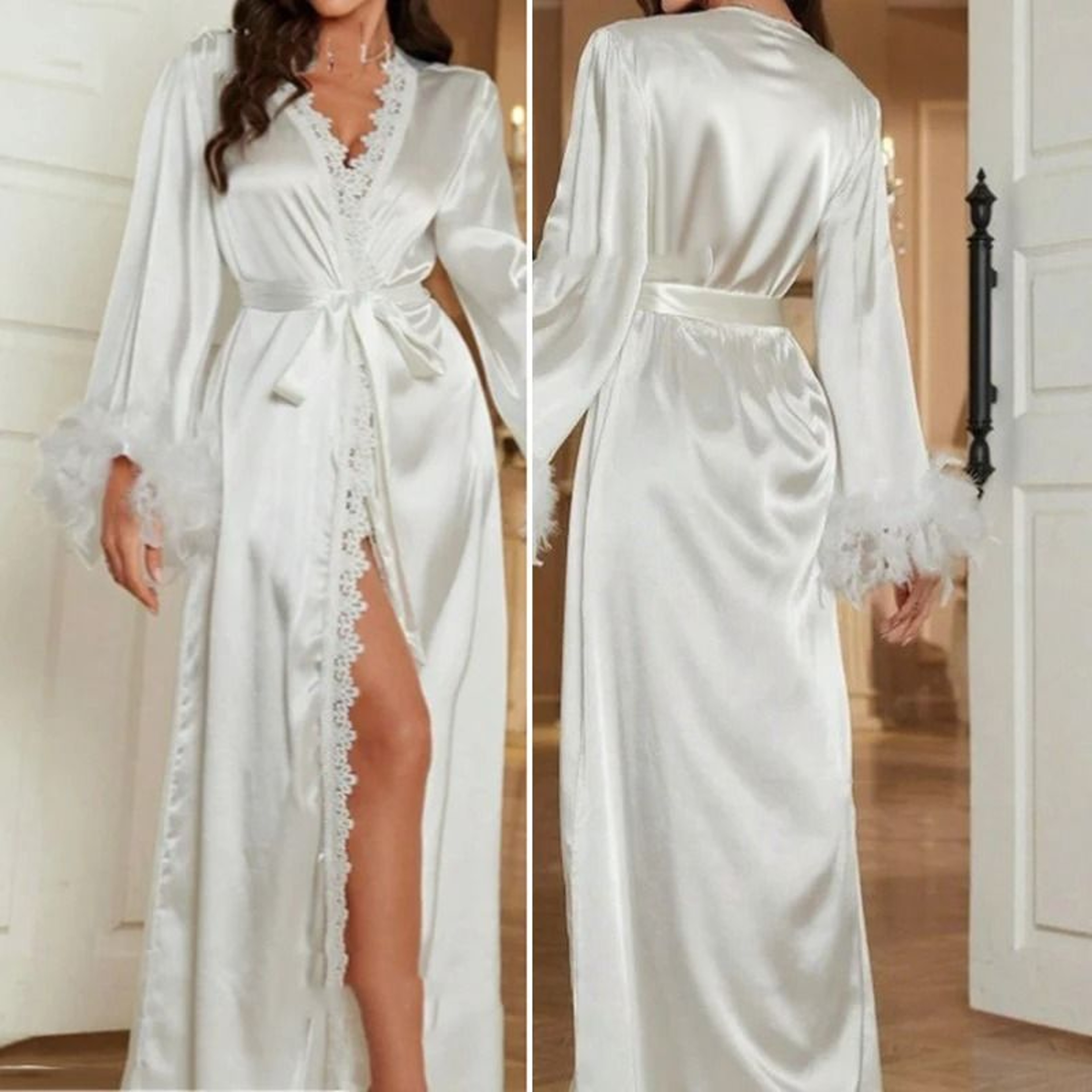 Luxury FeatherTrimmed Wedding Robe Set  Professional Ice Silk Long Kimono Gown  Sexy Bridal Dress 1