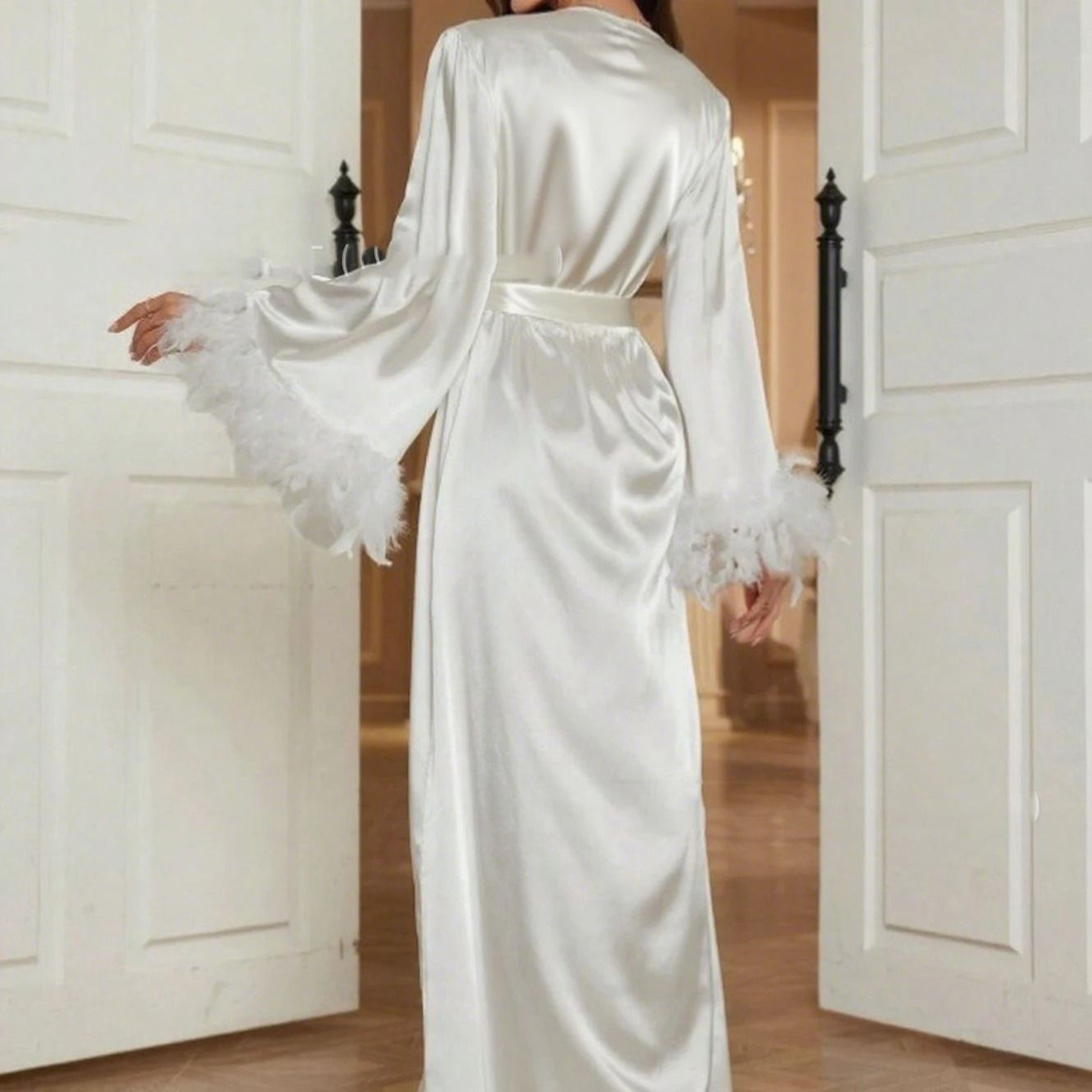 Luxury FeatherTrimmed Wedding Robe Set  Professional Ice Silk Long Kimono Gown  Sexy Bridal Dress 4