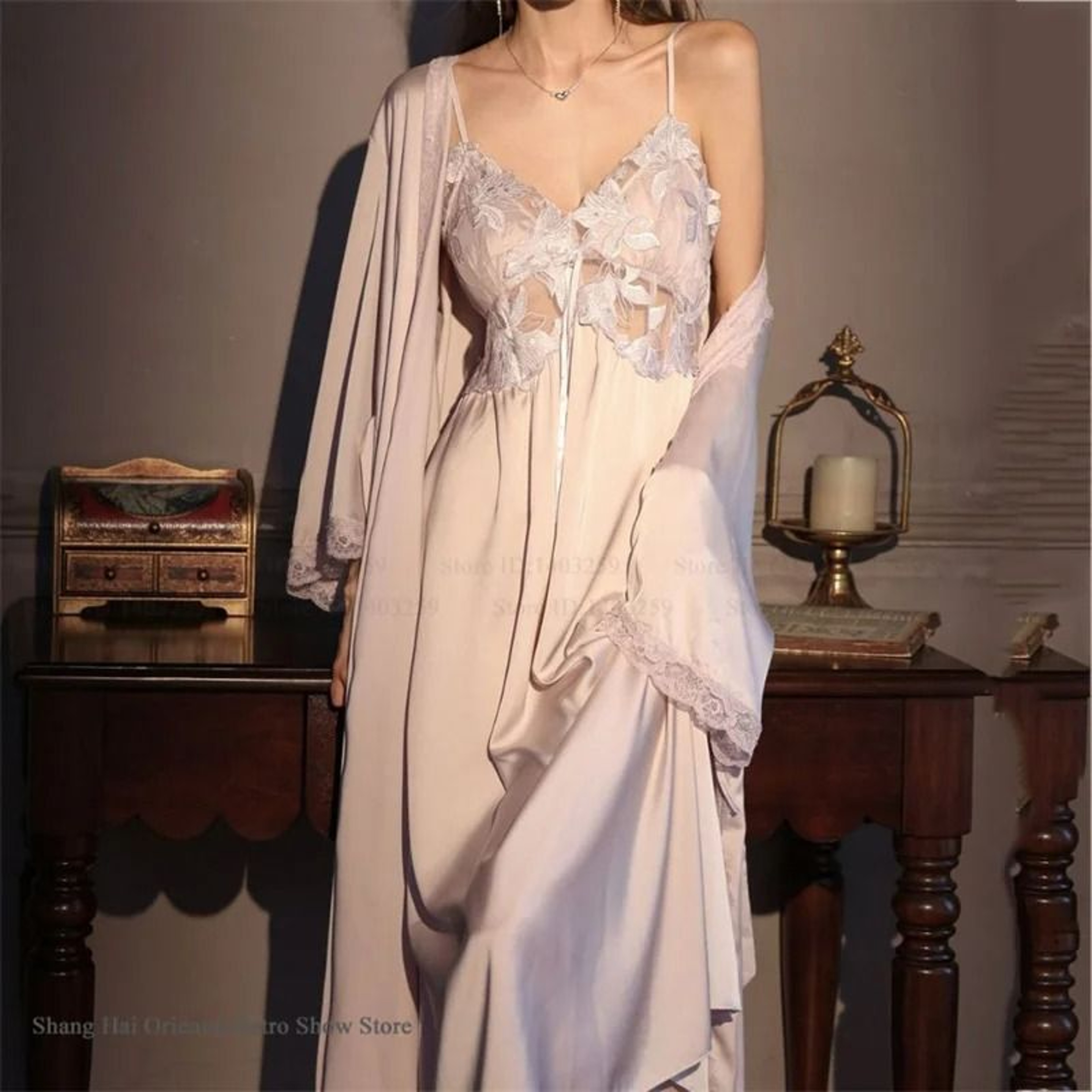 Elegant Female Ice Silk Robe Set  Professional HollowOut Lace Nightdress  Silky Loungewear Lingerie 11
