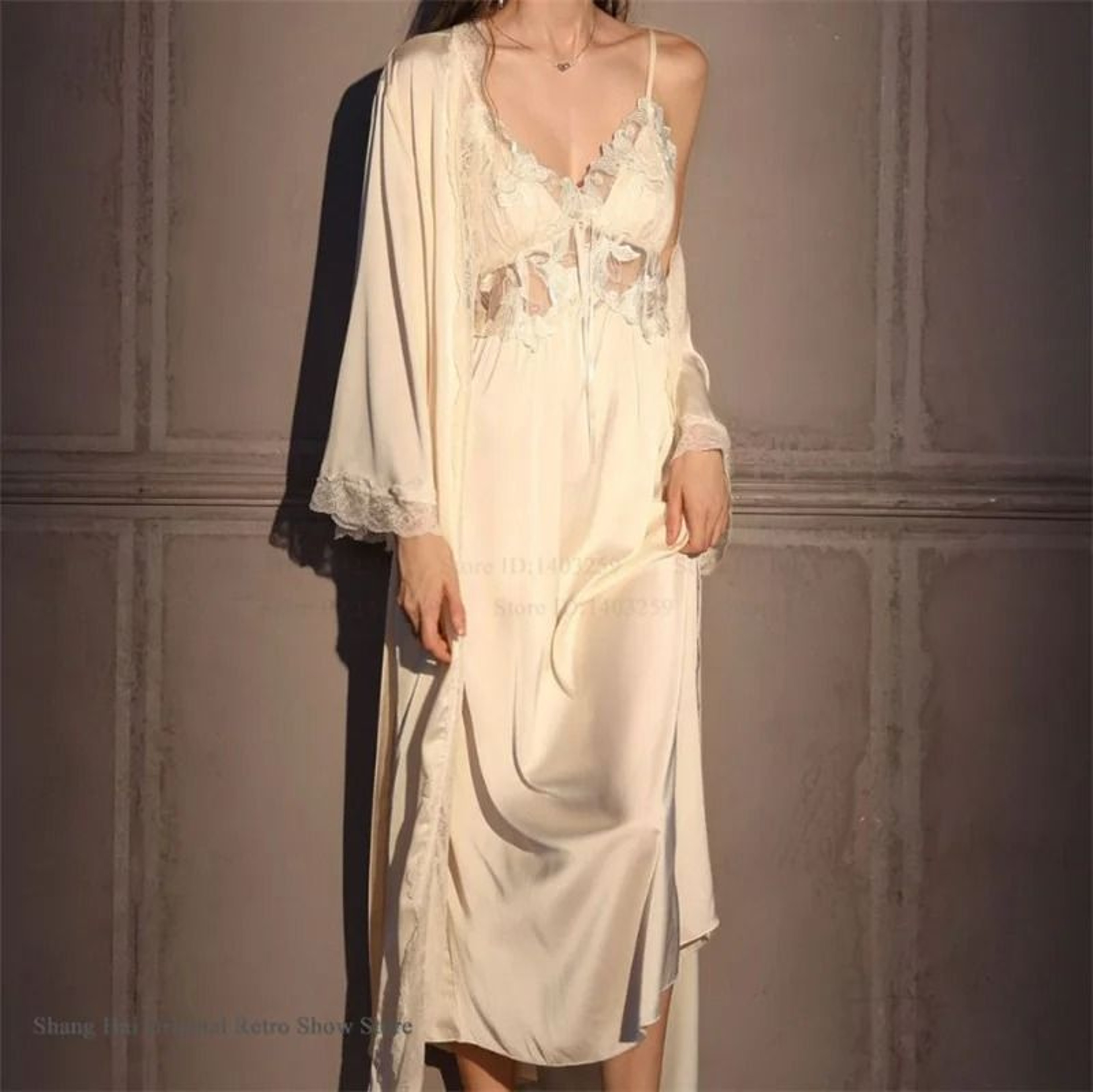 Elegant Female Ice Silk Robe Set  Professional HollowOut Lace Nightdress  Silky Loungewear Lingerie 12