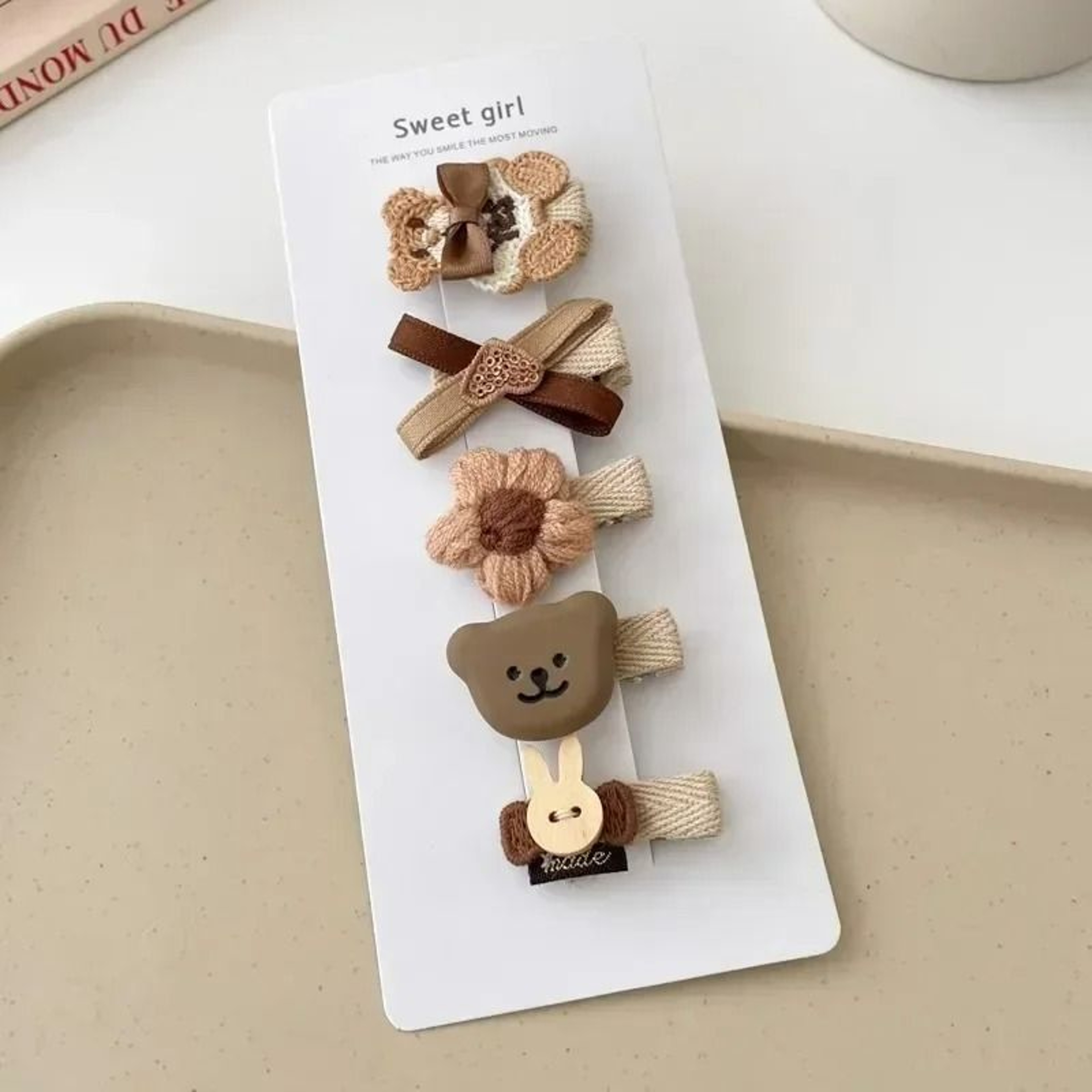 Sweet Kids Plush Hair Clip Set  Kawaii AutumnWinter Beige  Coffee Bowknot Headwear 5pcs 9