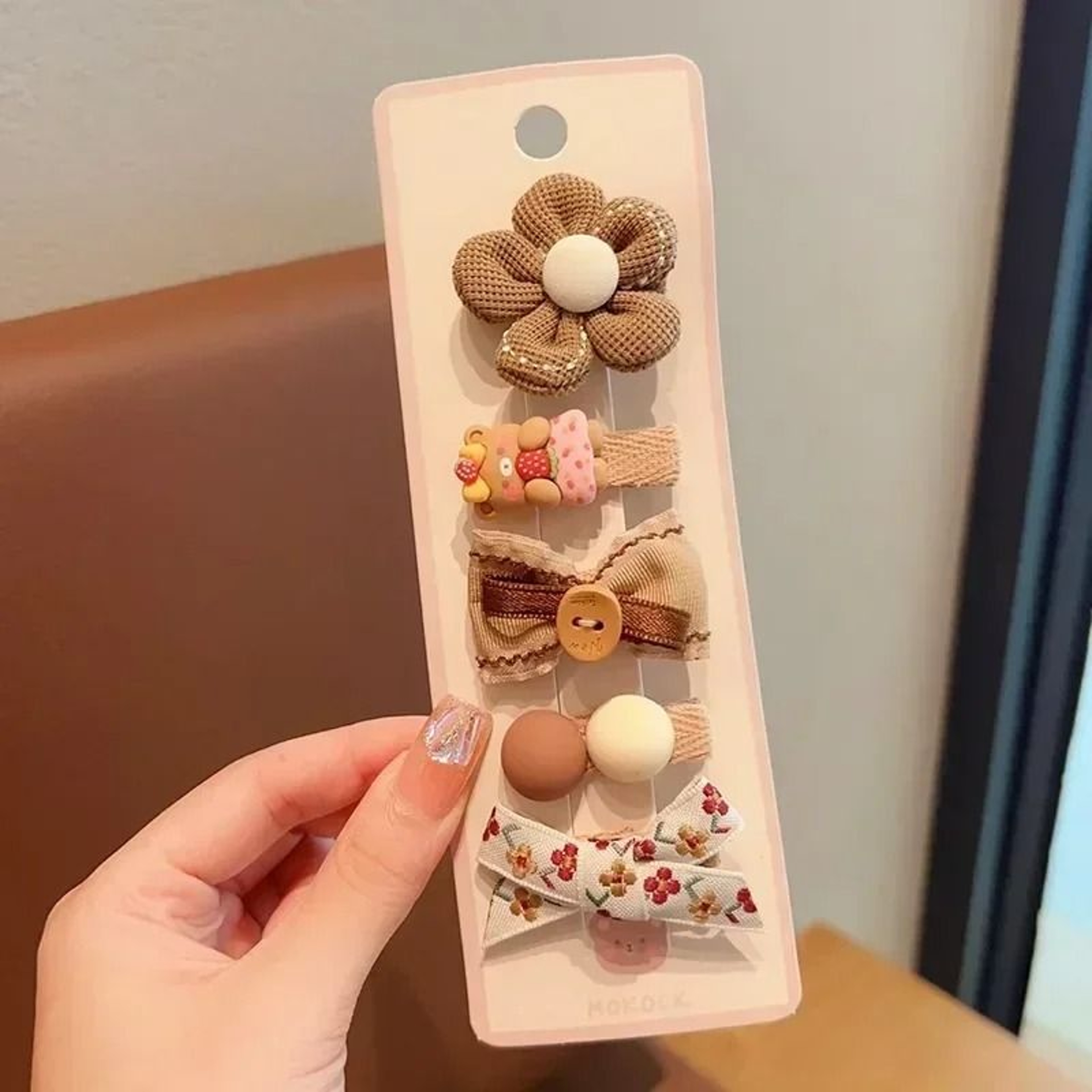 Sweet Kids Plush Hair Clip Set  Kawaii AutumnWinter Beige  Coffee Bowknot Headwear 5pcs 10
