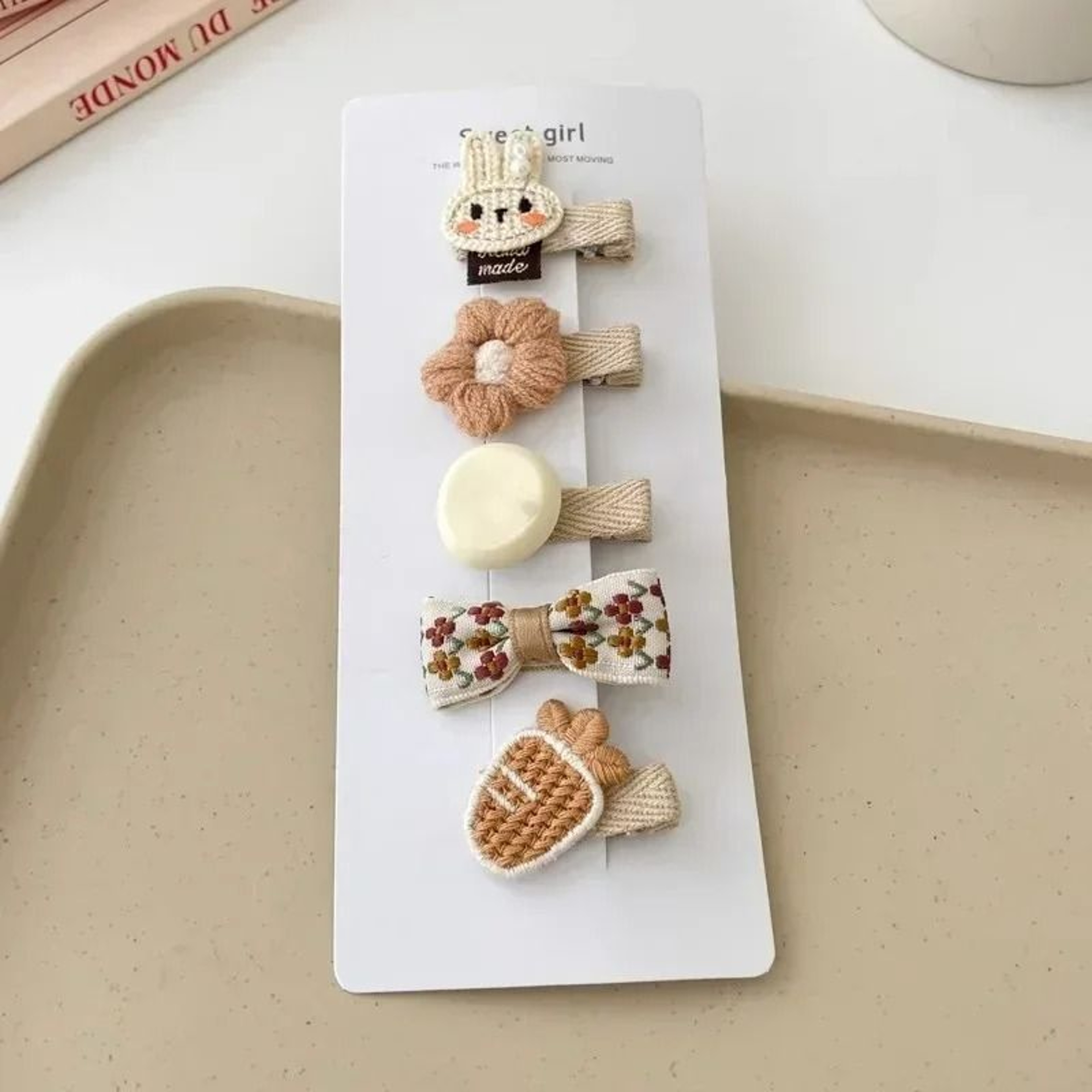 Sweet Kids Plush Hair Clip Set  Kawaii AutumnWinter Beige  Coffee Bowknot Headwear 5pcs 5