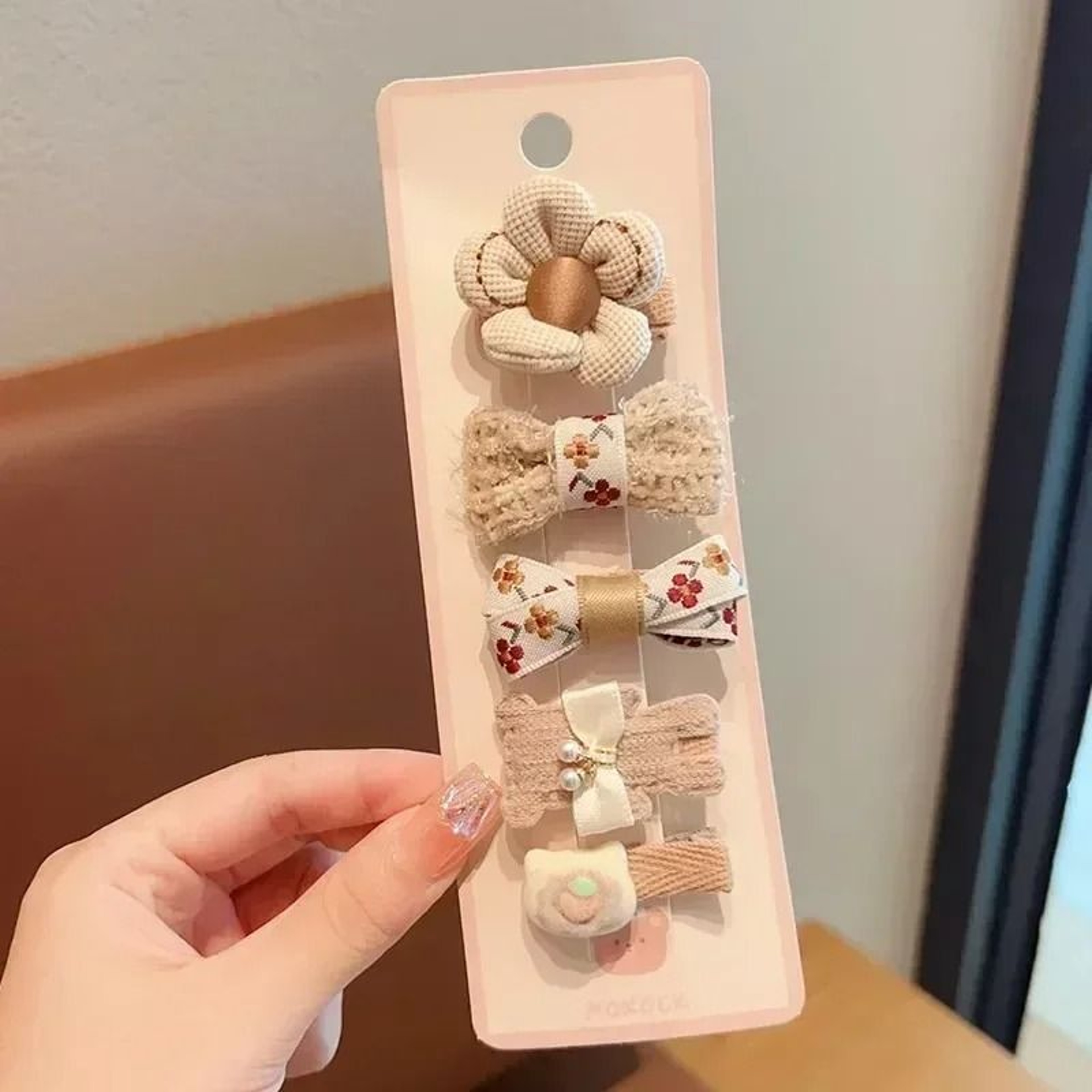 Sweet Kids Plush Hair Clip Set  Kawaii AutumnWinter Beige  Coffee Bowknot Headwear 5pcs 7