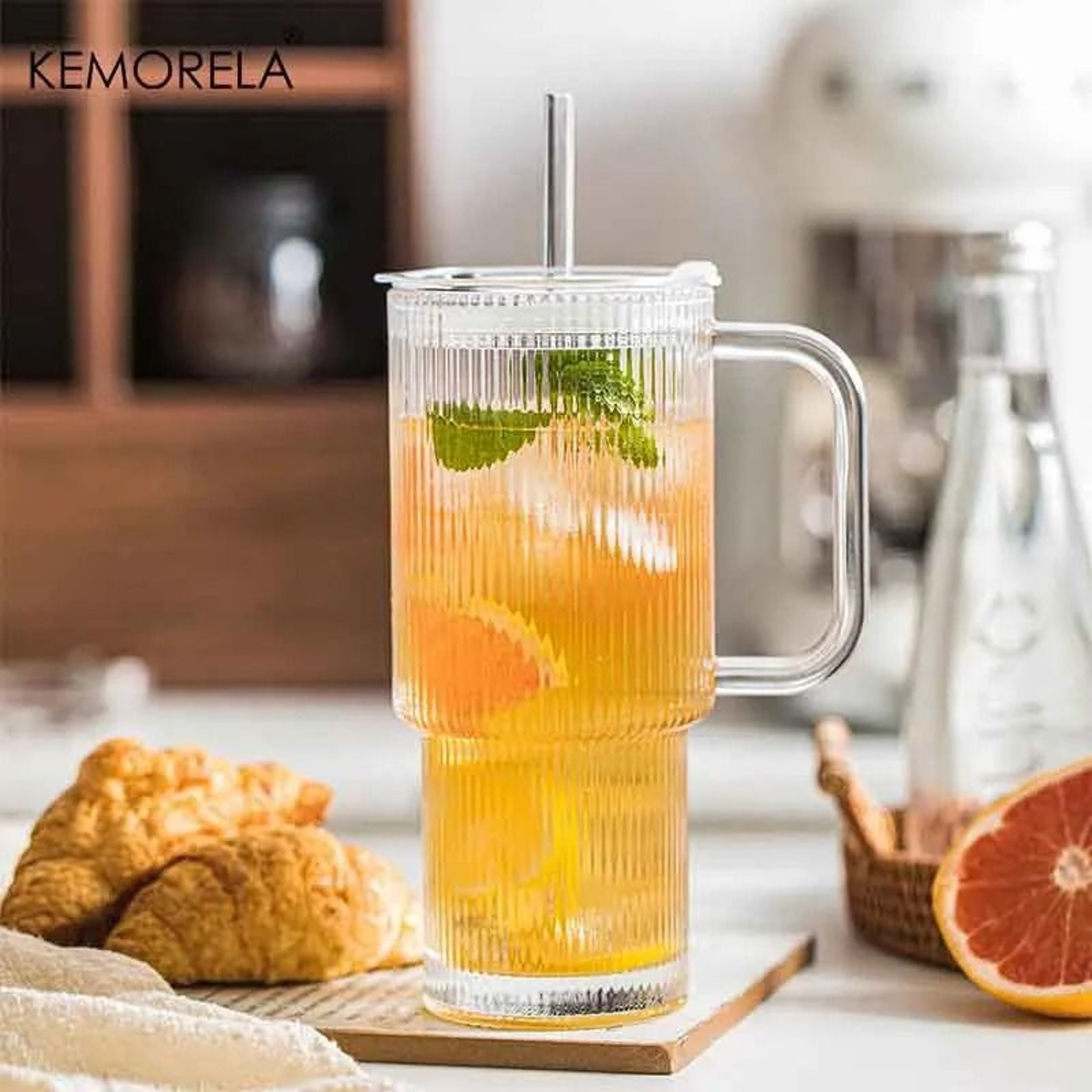 768ML Modern Ribbed Glass Tumbler  HighPerformance Clear Coffee Mug With Handle  Lid Set 2