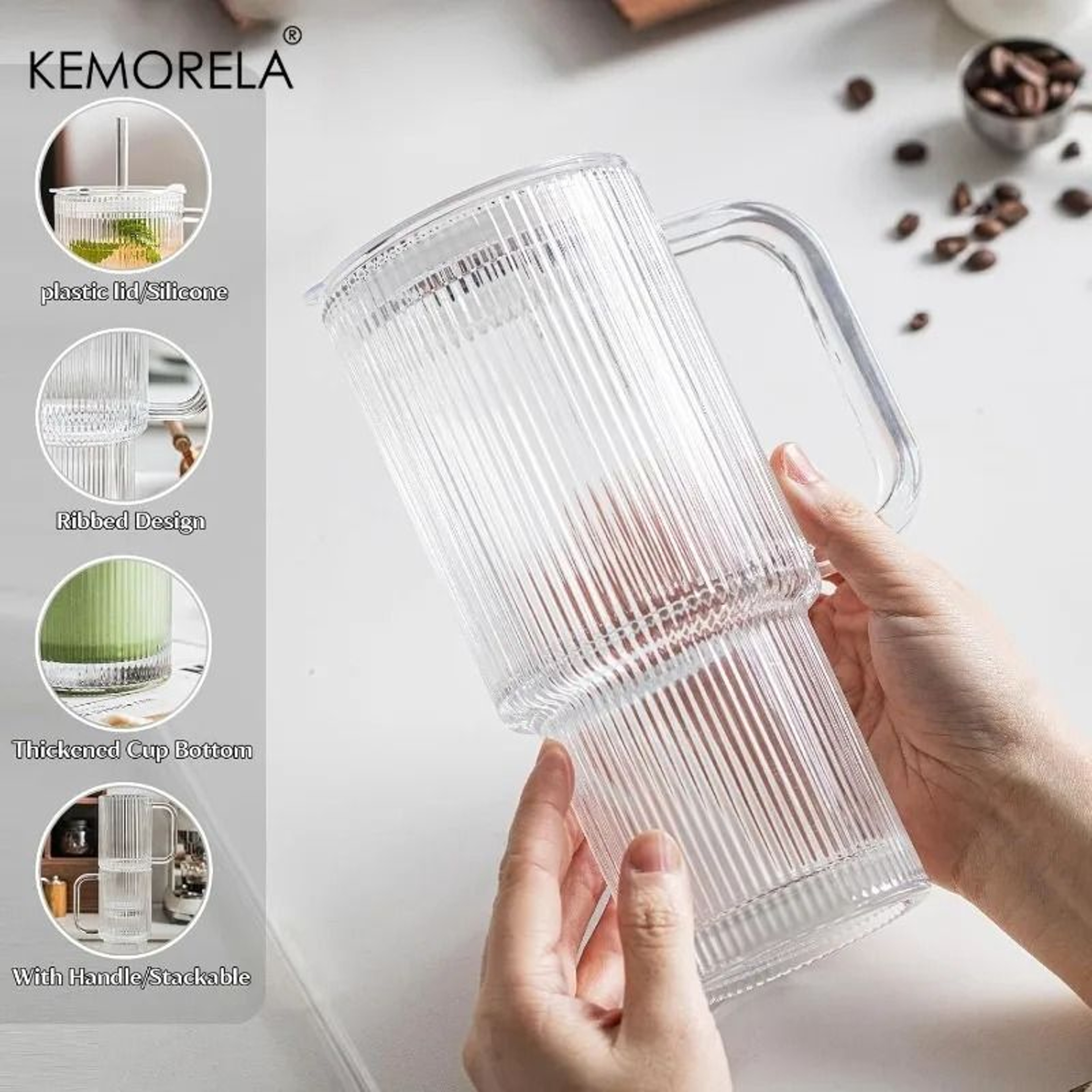 768ML Modern Ribbed Glass Tumbler  HighPerformance Clear Coffee Mug With Handle  Lid Set 4