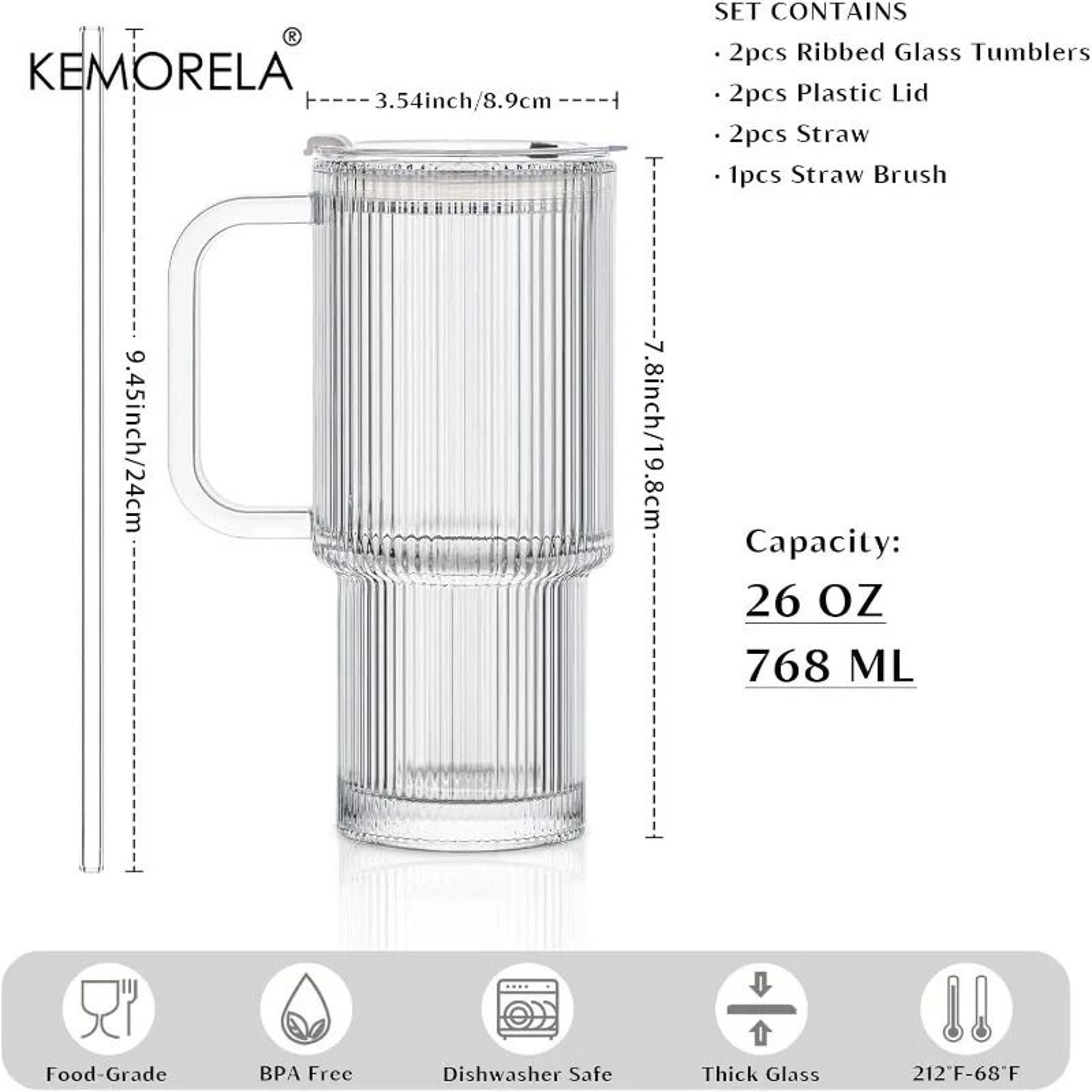 768ML Modern Ribbed Glass Tumbler  HighPerformance Clear Coffee Mug With Handle  Lid Set 5