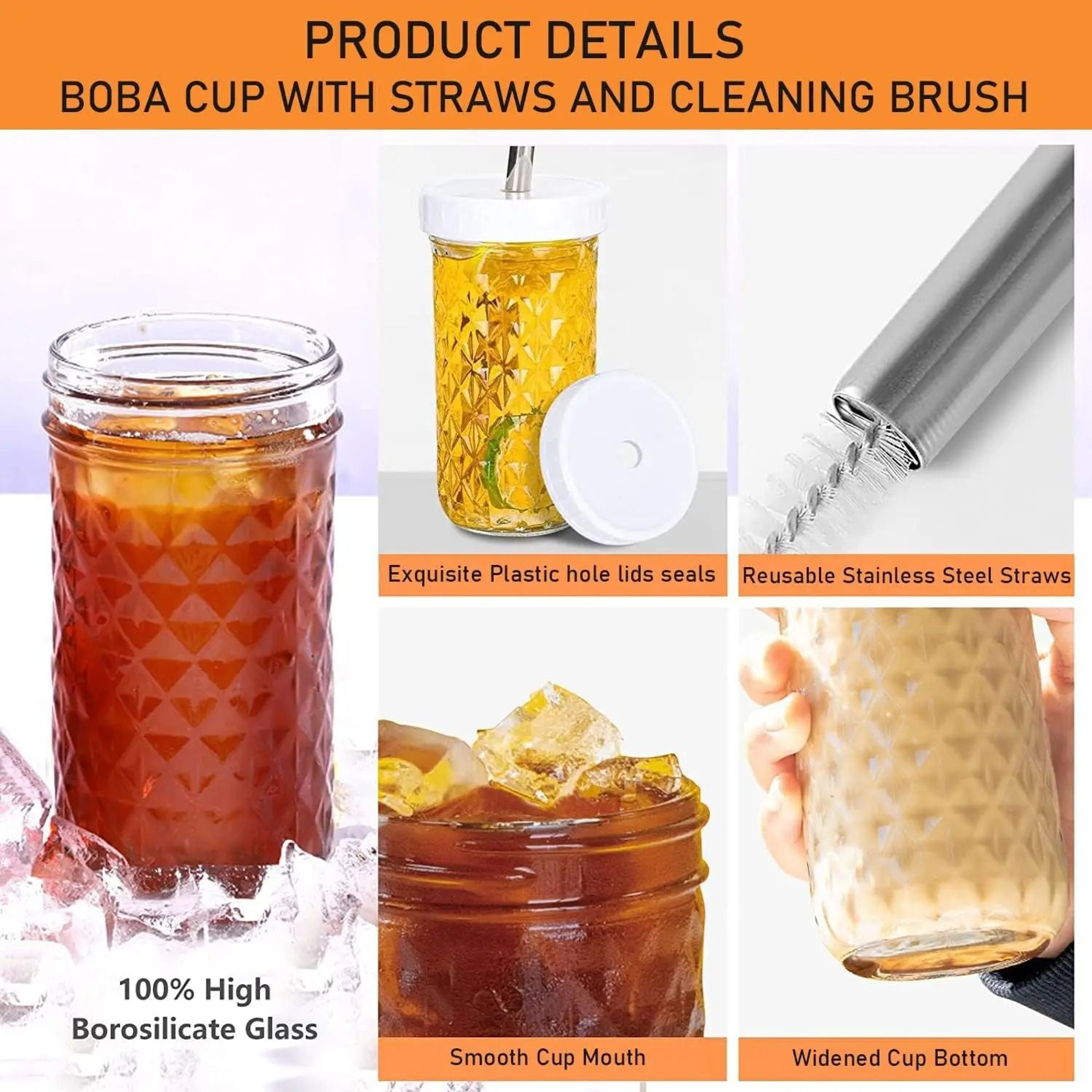 Premium 24oz Glass Tumbler Set  HighPerformance Reusable Boba  Iced Coffee Mason Jars 4