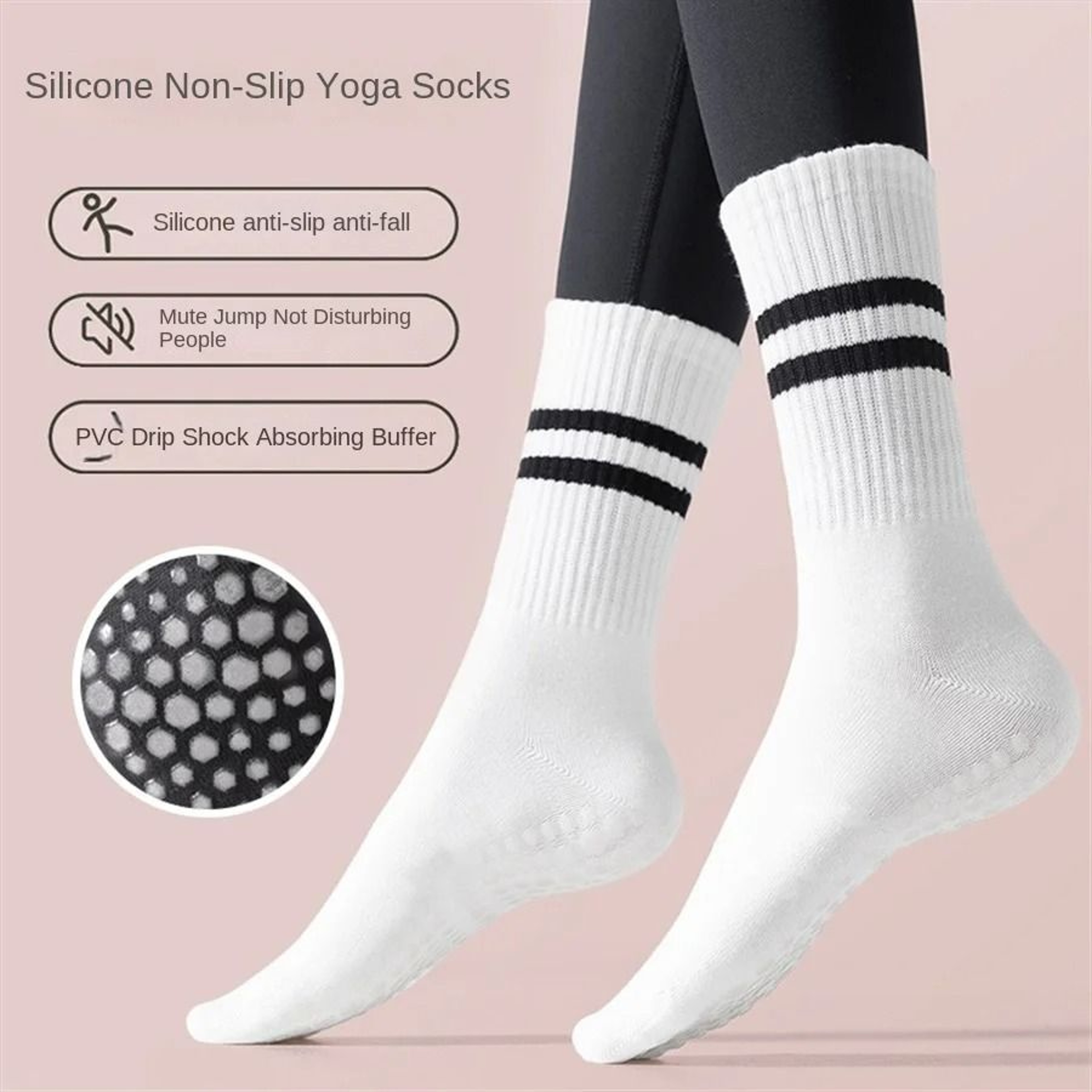 Women Yoga Skipping Rope Sports Socks Pilates Indoor Anti Slip Floor Double Bar Mid Leg Socks 3