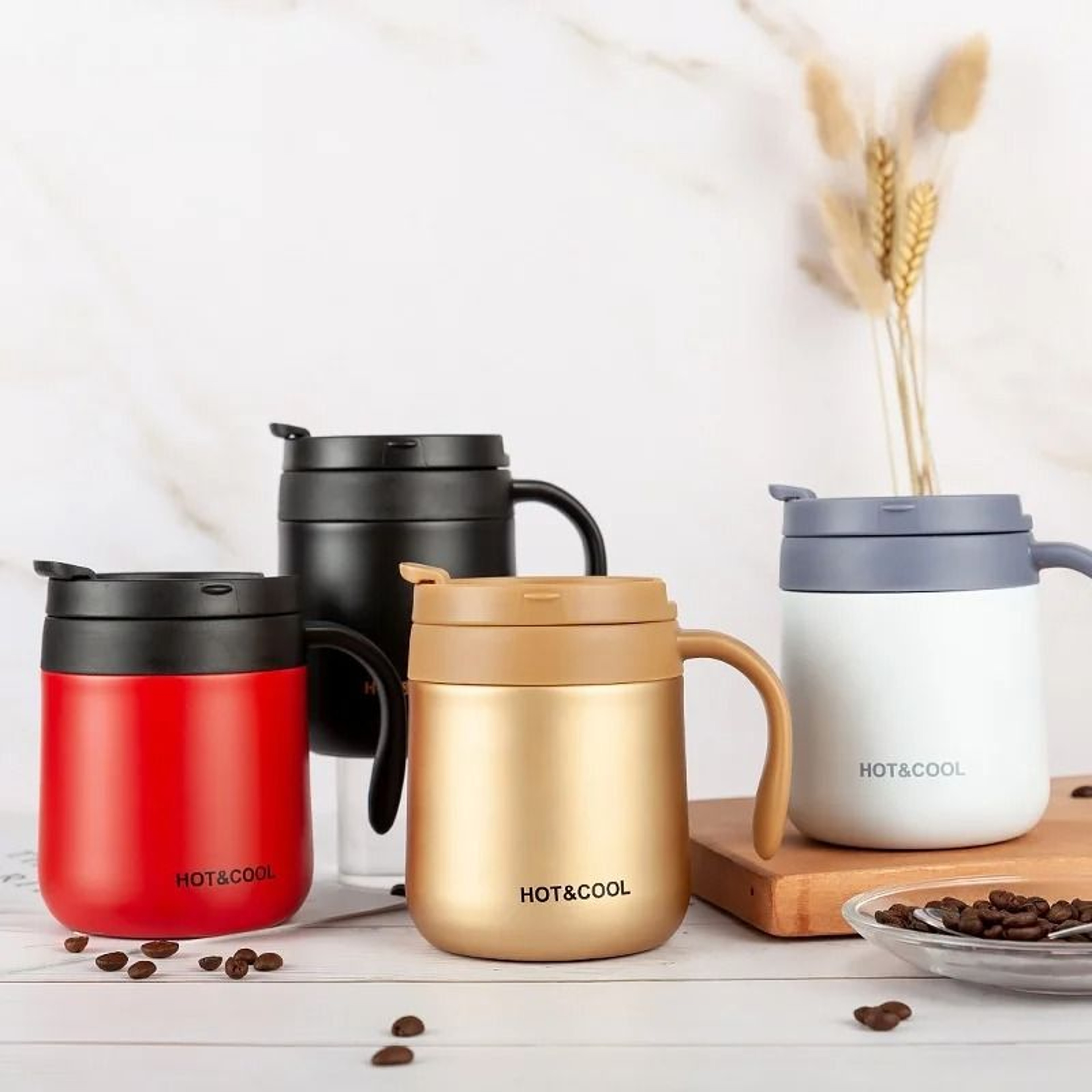 Simple Solid Color Stainless Steel Insulated Coffee Cup With Handle Wide Mouthed Large Capacity Off 5