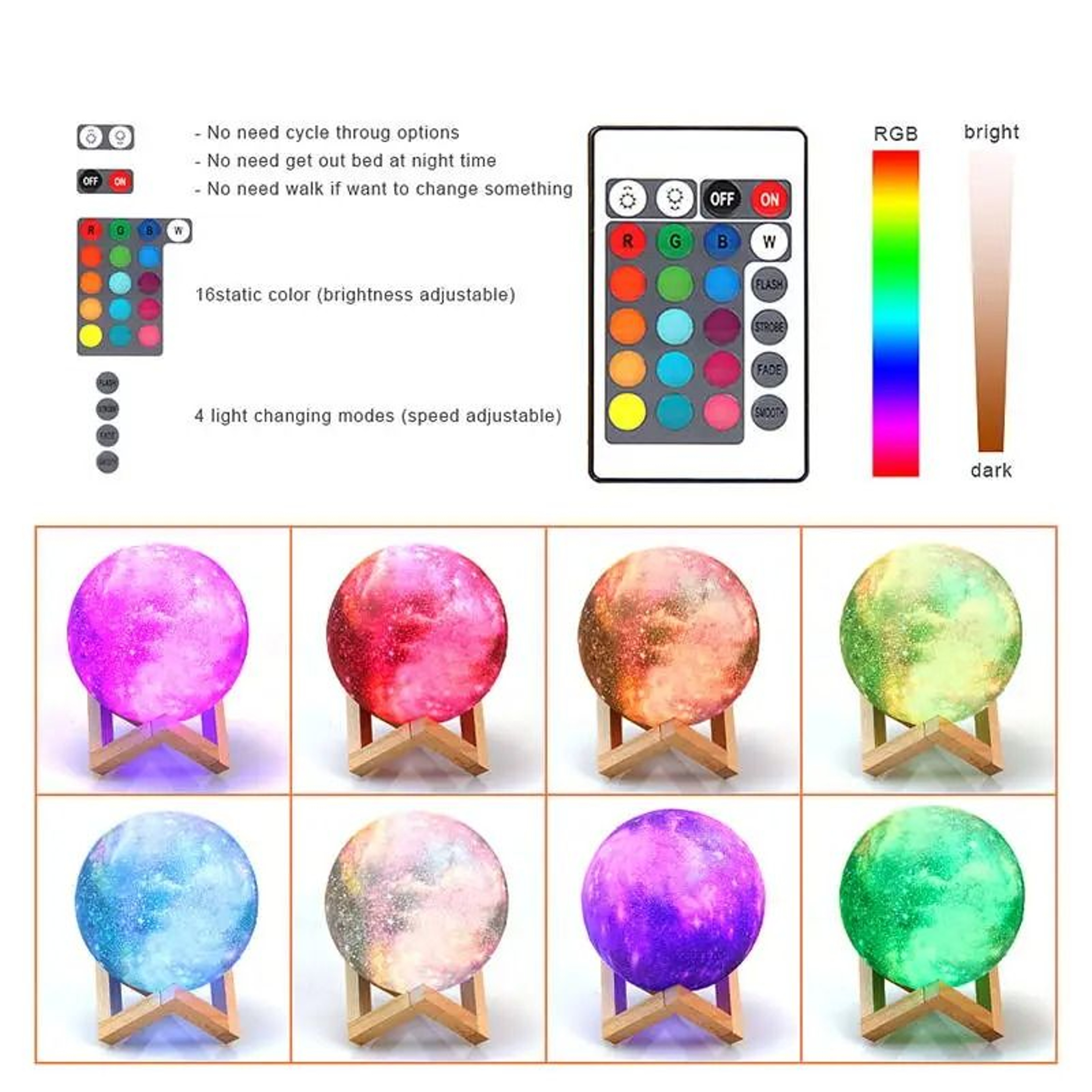 3D Print Moon Lamp  16Color Remote LED Night Light Rechargeable Bedroom Atmosphere Decor 5