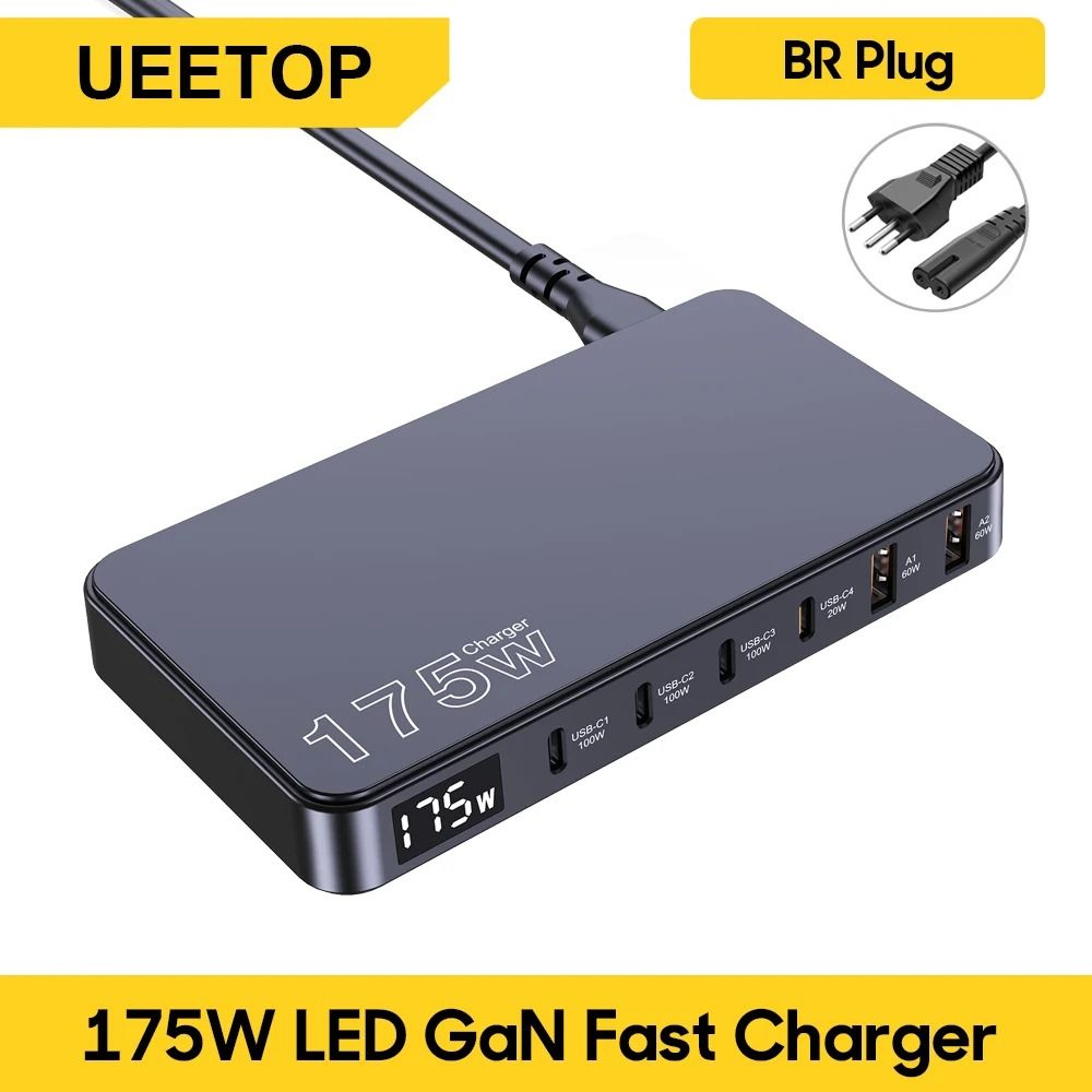 Ueetop 175W GaN 6Port Desktop Charger  UltraSlim Fast Charging Station With LED Display 7