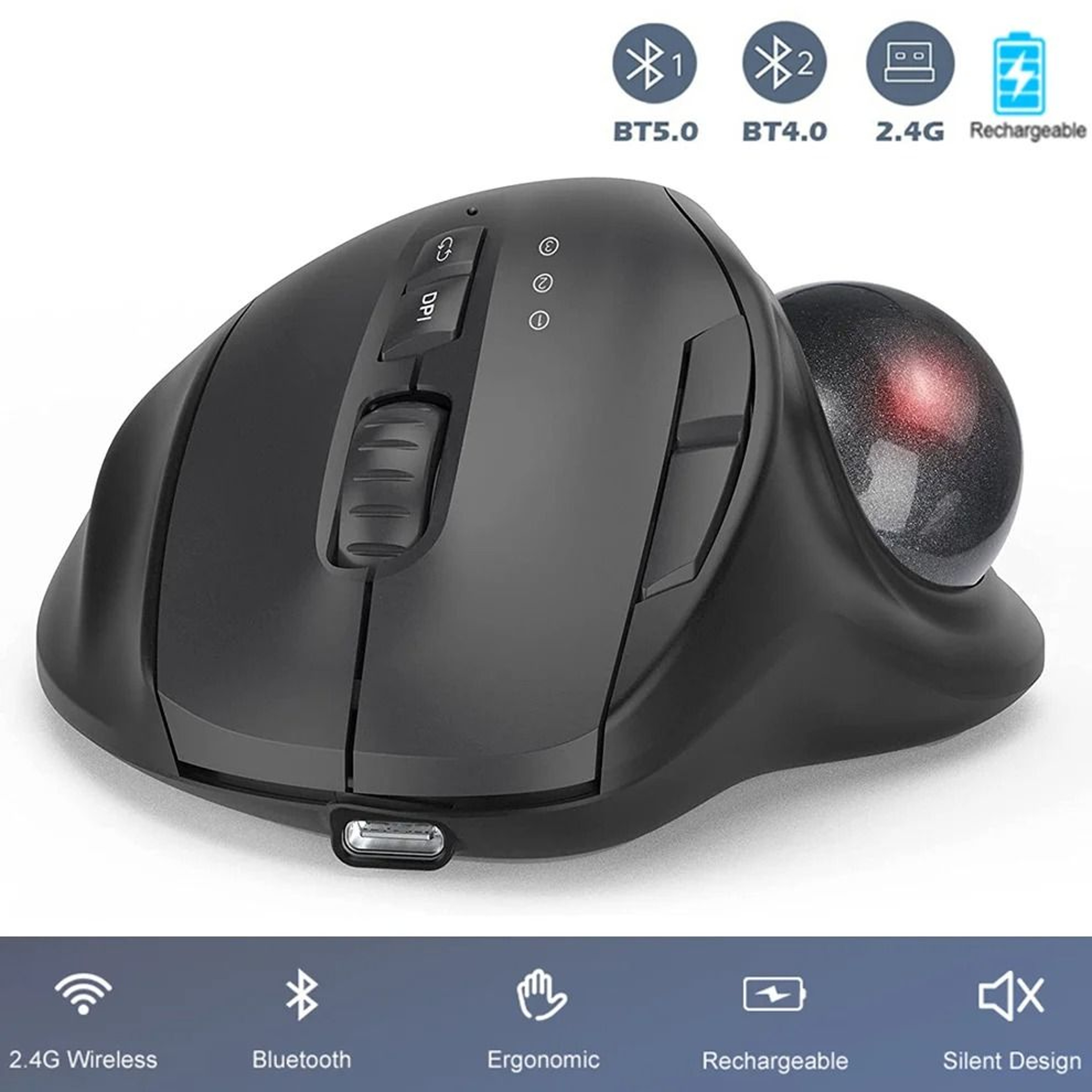 Jomaa Ergonomic Wireless Trackball Mouse  Rechargeable DualMode Bluetooth  24G Thumb Control Mouse 0