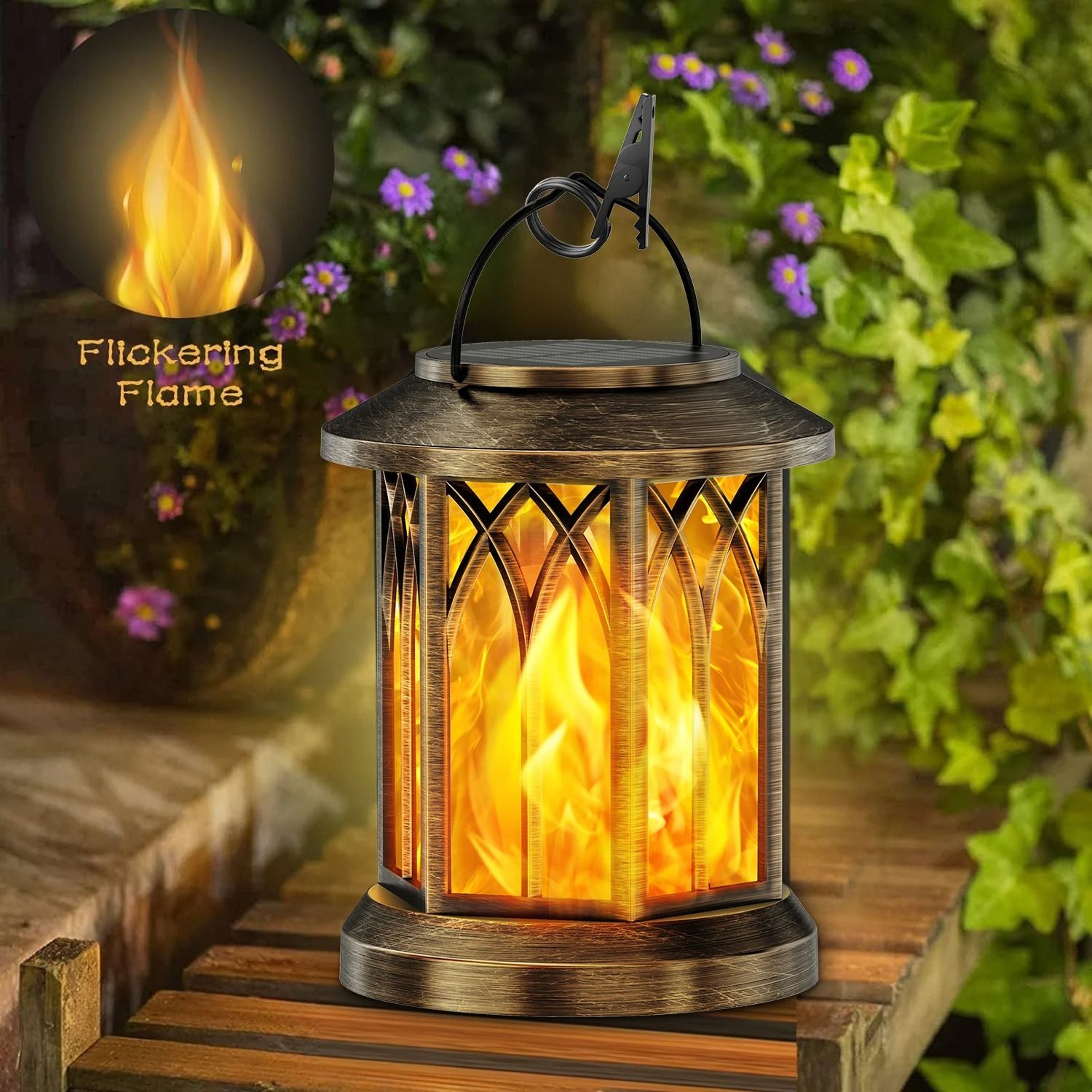 2Pack Flickering Flame Solar Lanterns  Hanging Outdoor Garden Lights In Bronze  Black 0