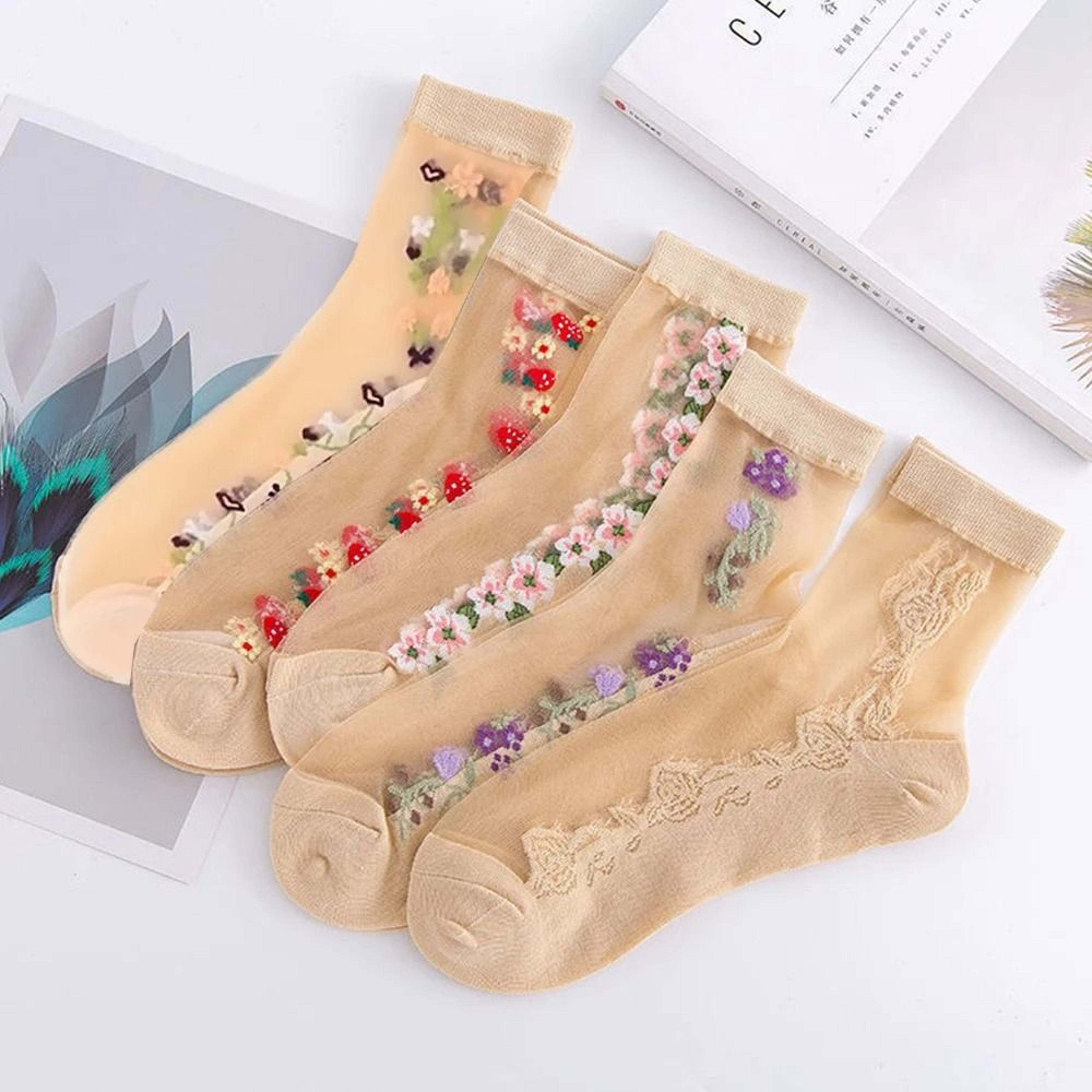 5 Pairs Ice Silk Socks Women Spring Summer Mid Tube Breathable Anti Slip Crystal Thin 8