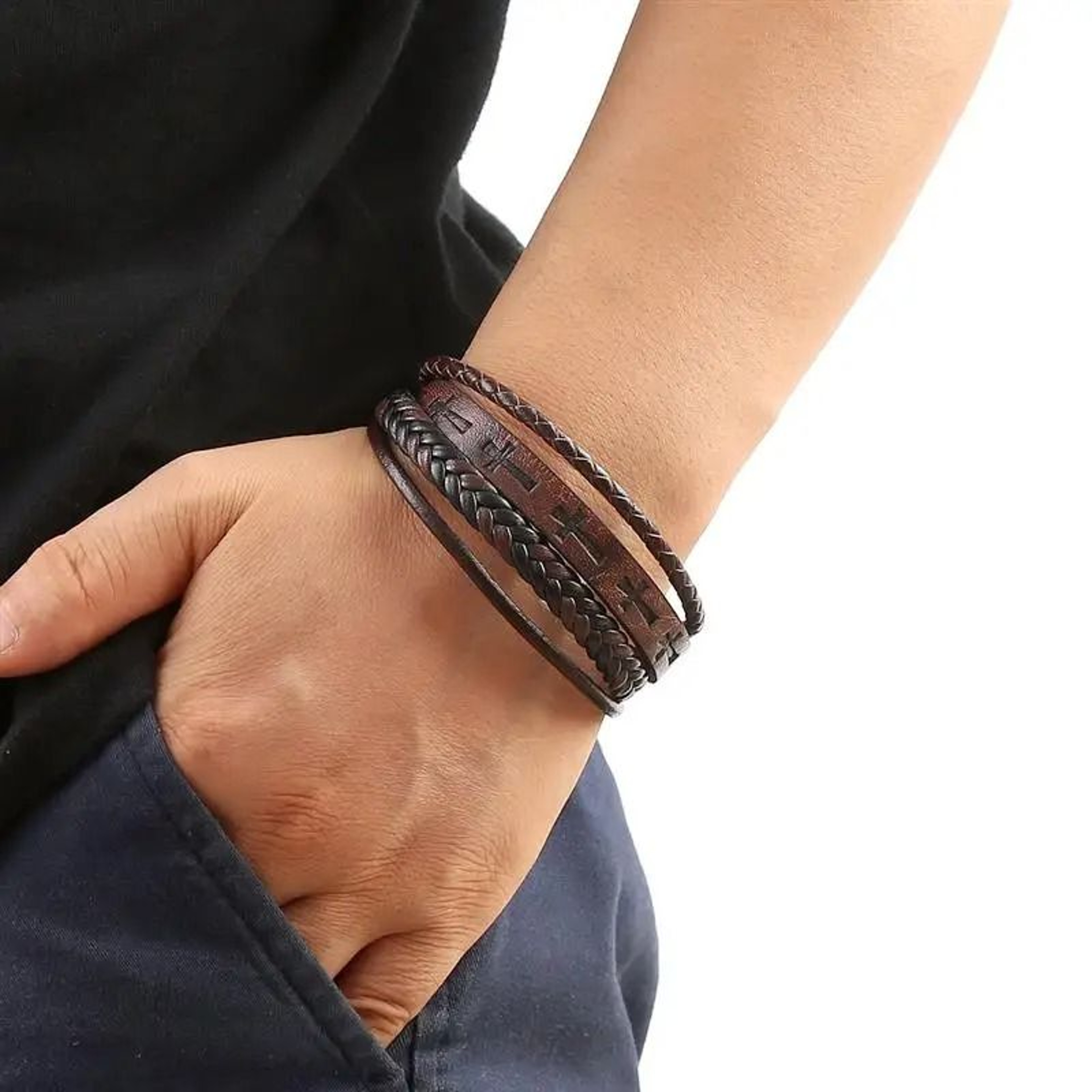 Vintage Handwoven Mens Leather Bracelet With Cross Logo HipHop Punk Jewelry Gift 4
