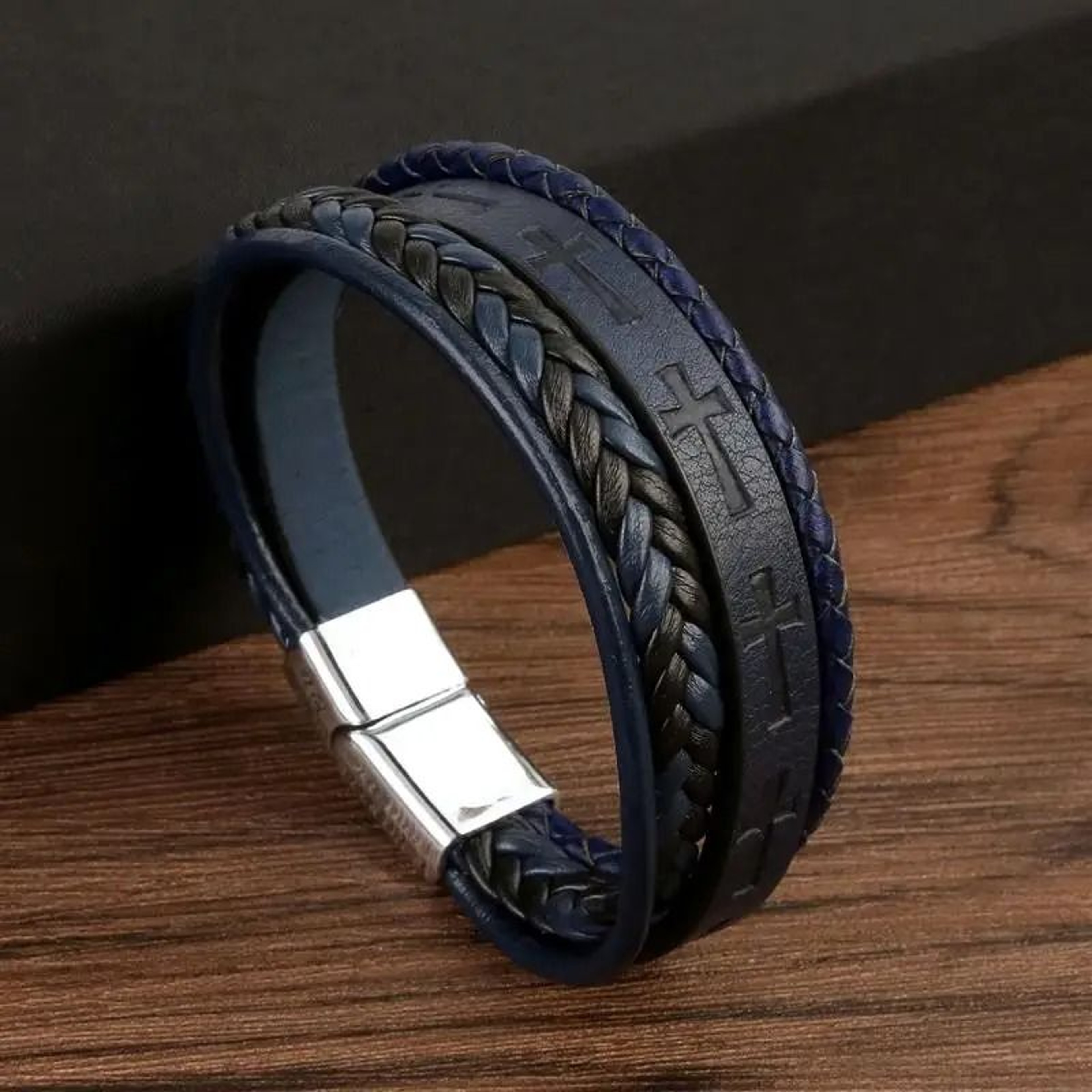 Vintage Handwoven Mens Leather Bracelet With Cross Logo HipHop Punk Jewelry Gift 8